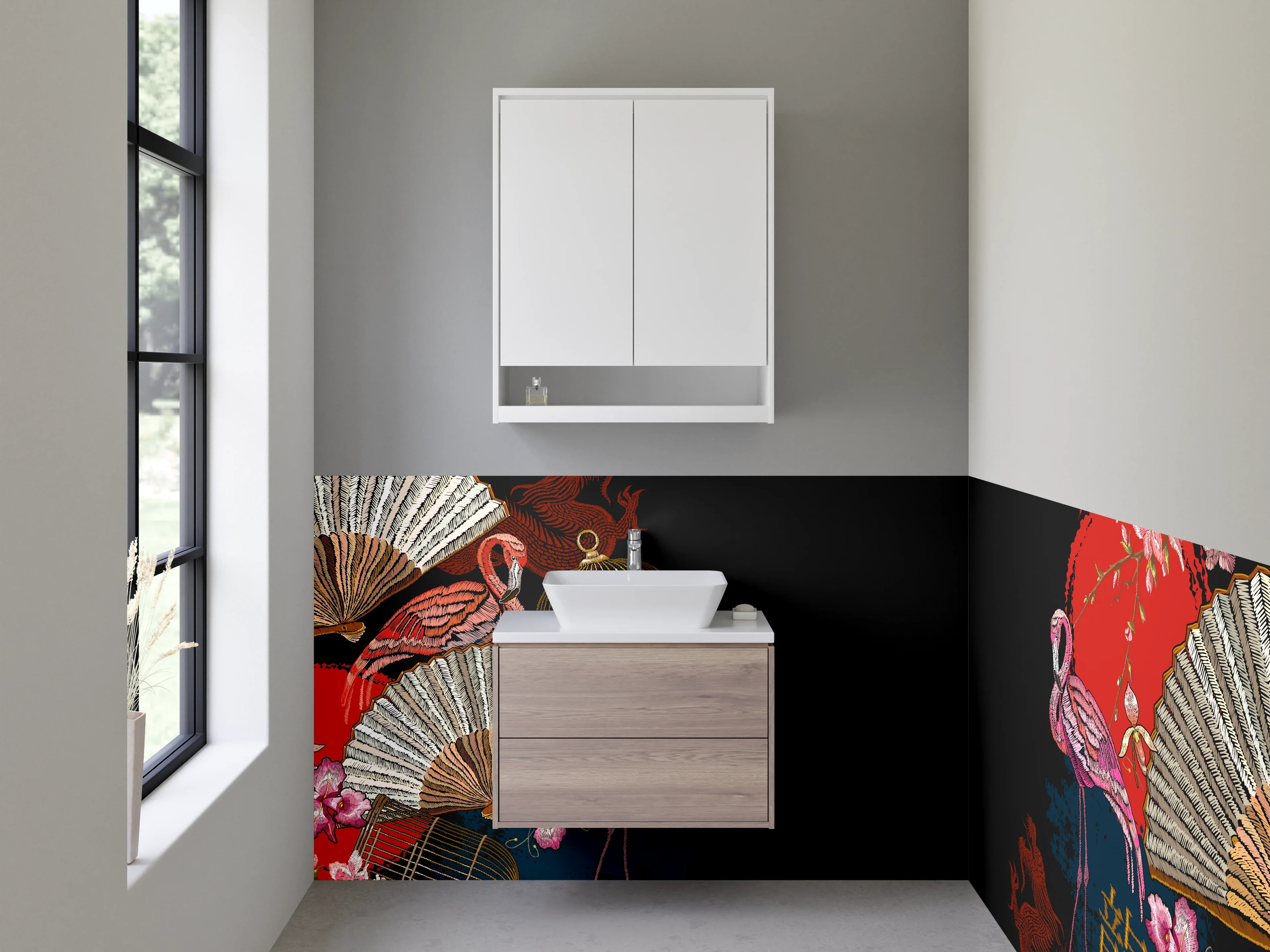 Waschbecken-Rückwand - Asiatische Flamingos & Fächer Kunst