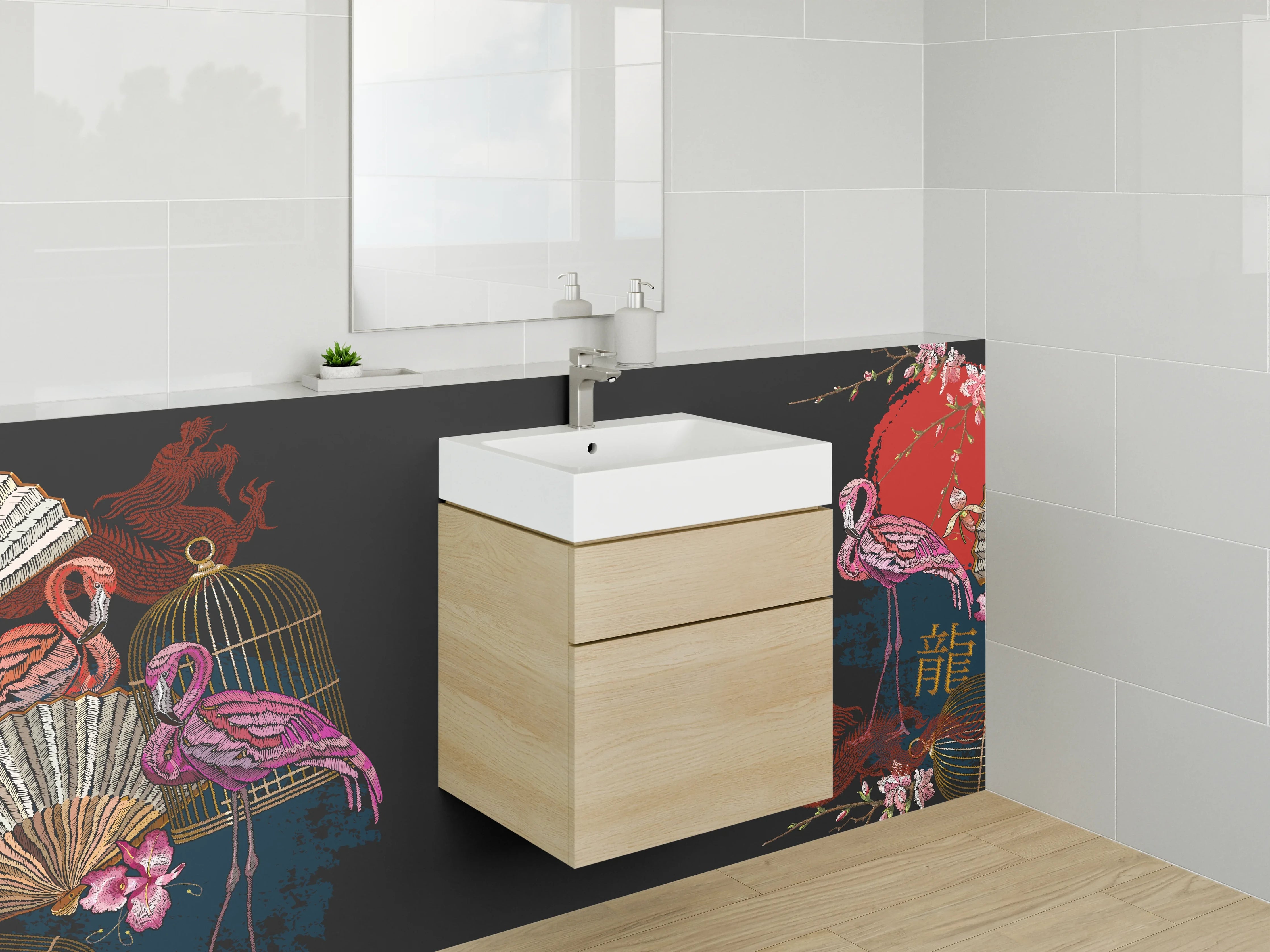 Waschbecken-Rückwand - Asiatische Flamingos & Fächer Kunst