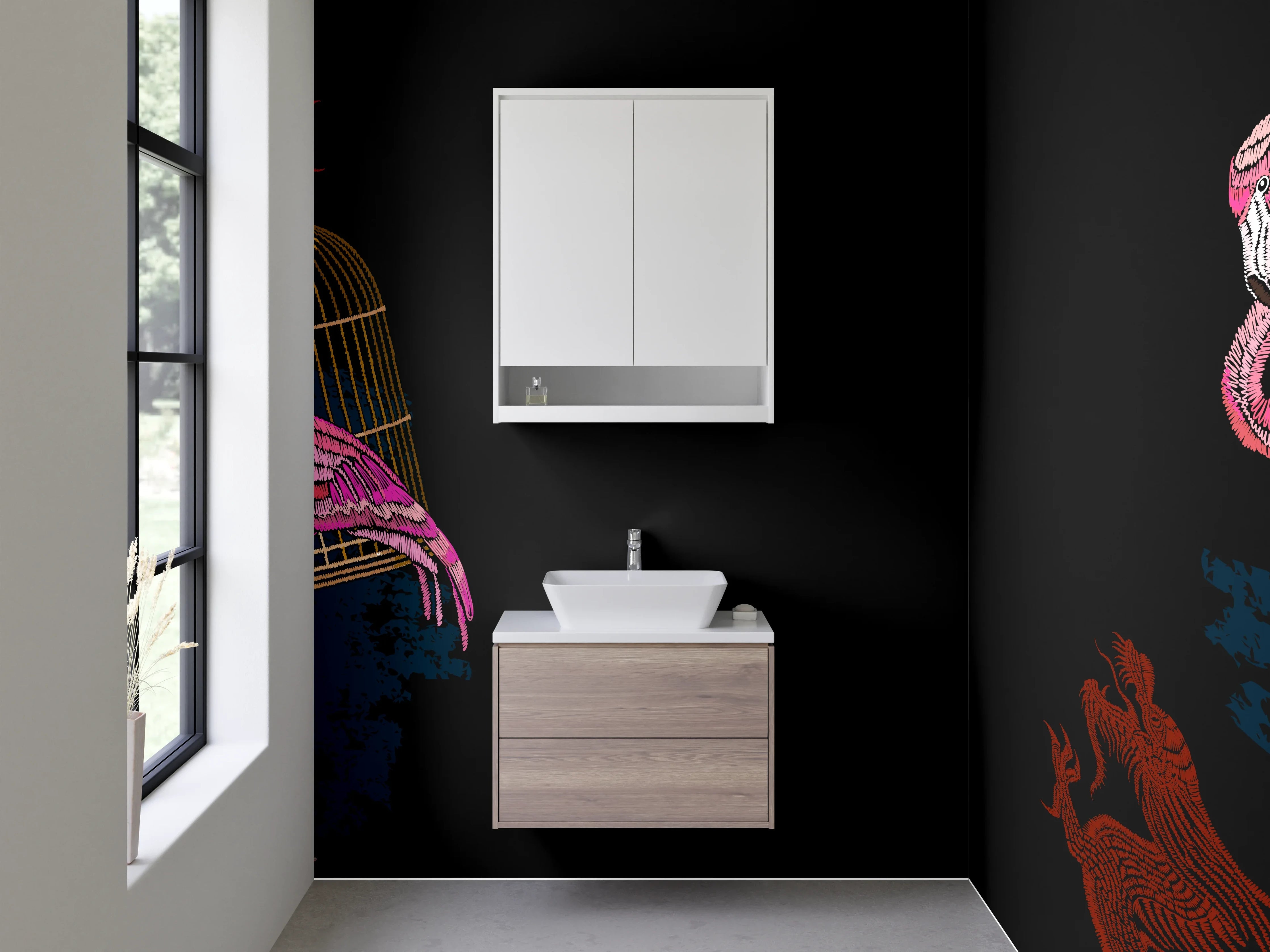 Waschbecken-Rückwand - Asiatisches Flamingo Design mit Fächern