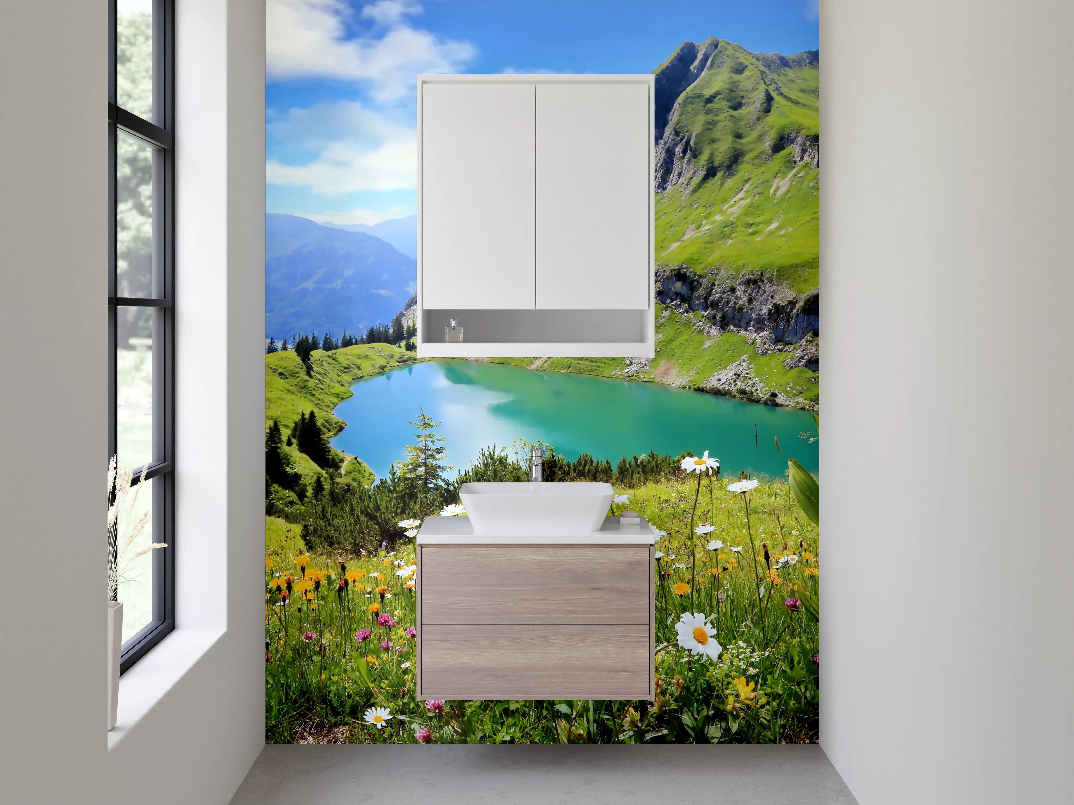 Waschbecken-Rückwand - Atemberaubende Bergkulisse mit See im Vordergrund