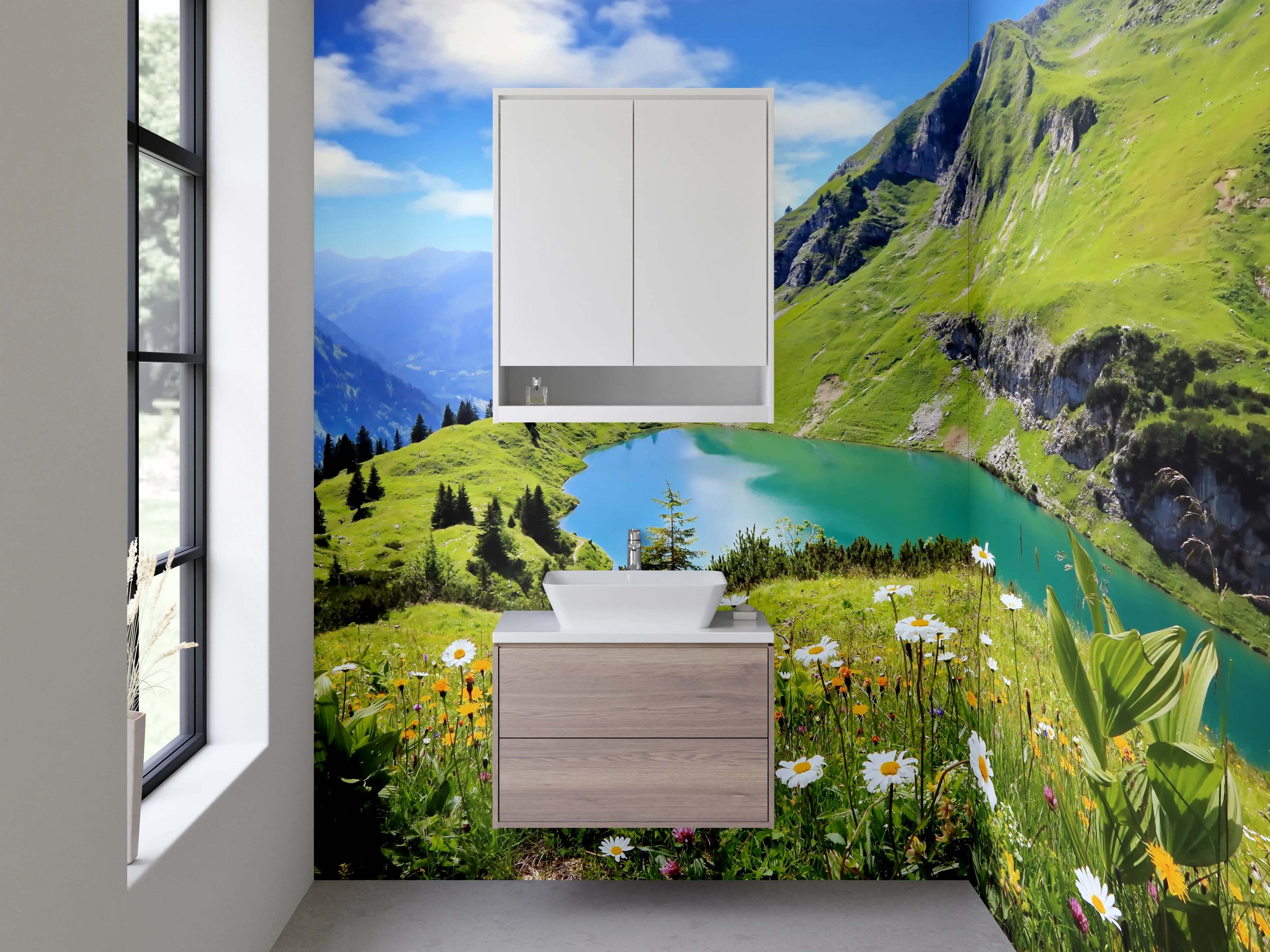 Waschbecken-Rückwand - Atemberaubende Bergkulisse mit See im Vordergrund