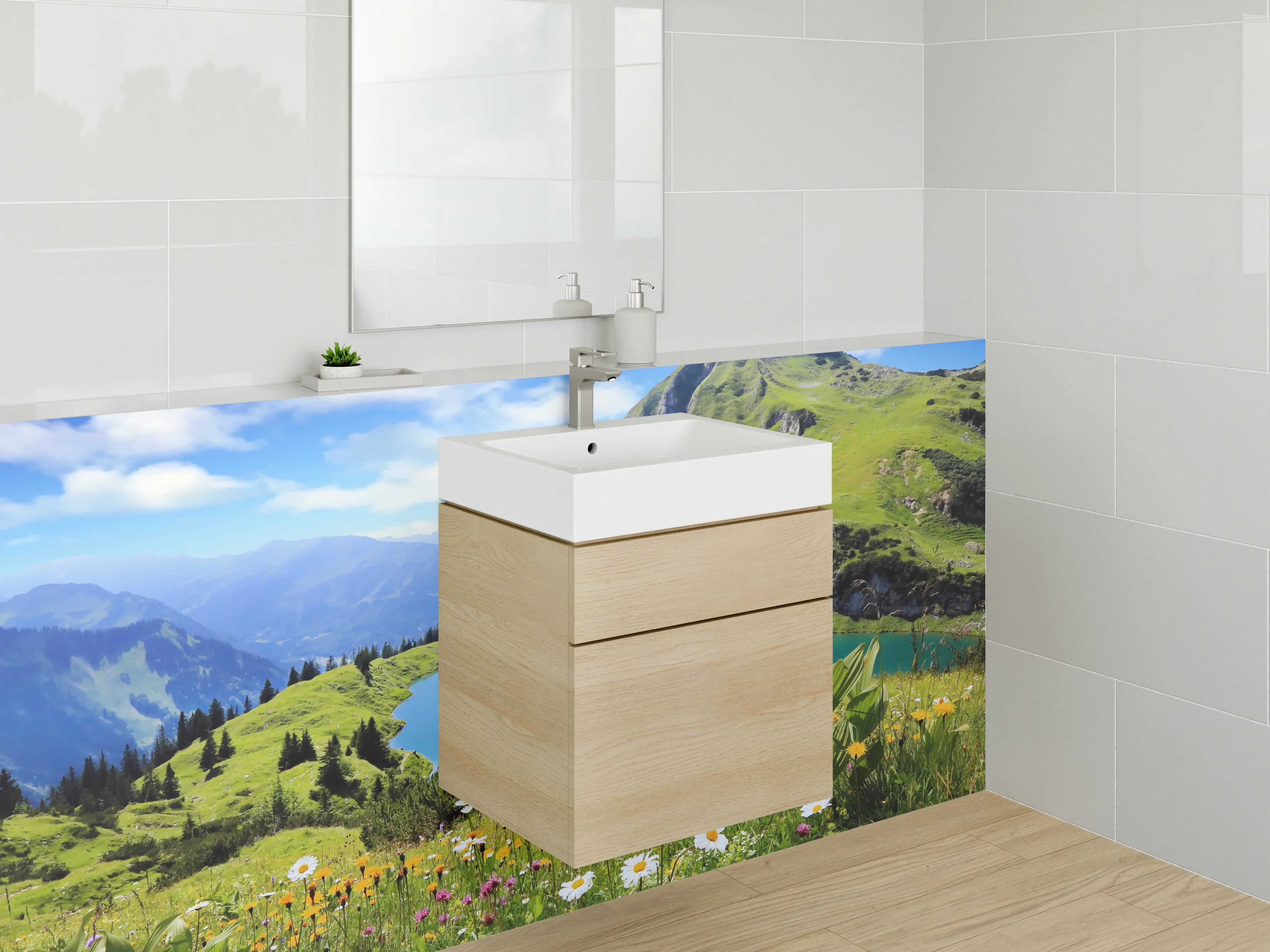 Waschbecken-Rückwand - Atemberaubende Bergkulisse mit See im Vordergrund