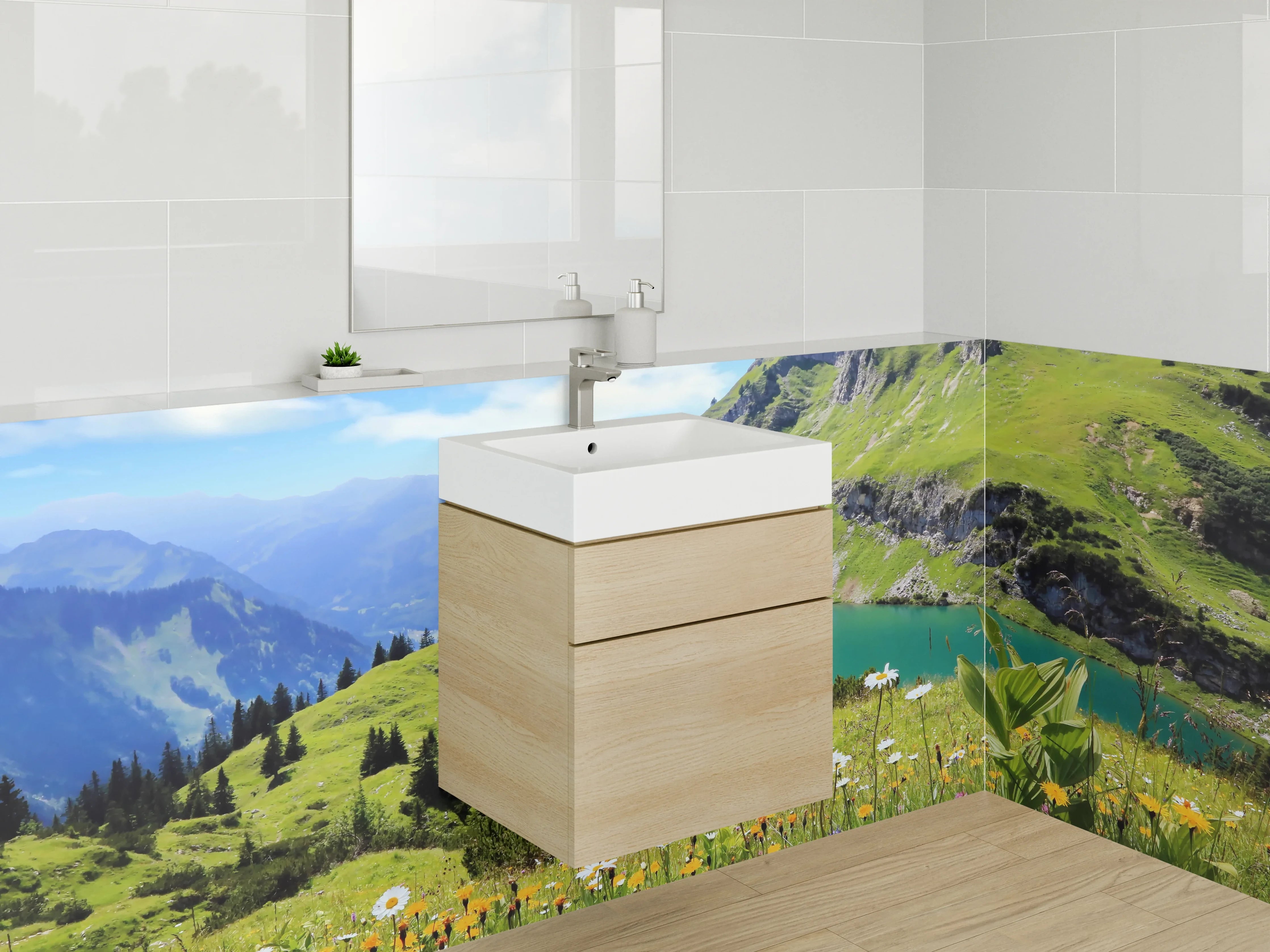 Waschbecken-Rückwand - Atemberaubende Bergkulisse mit See im Vordergrund