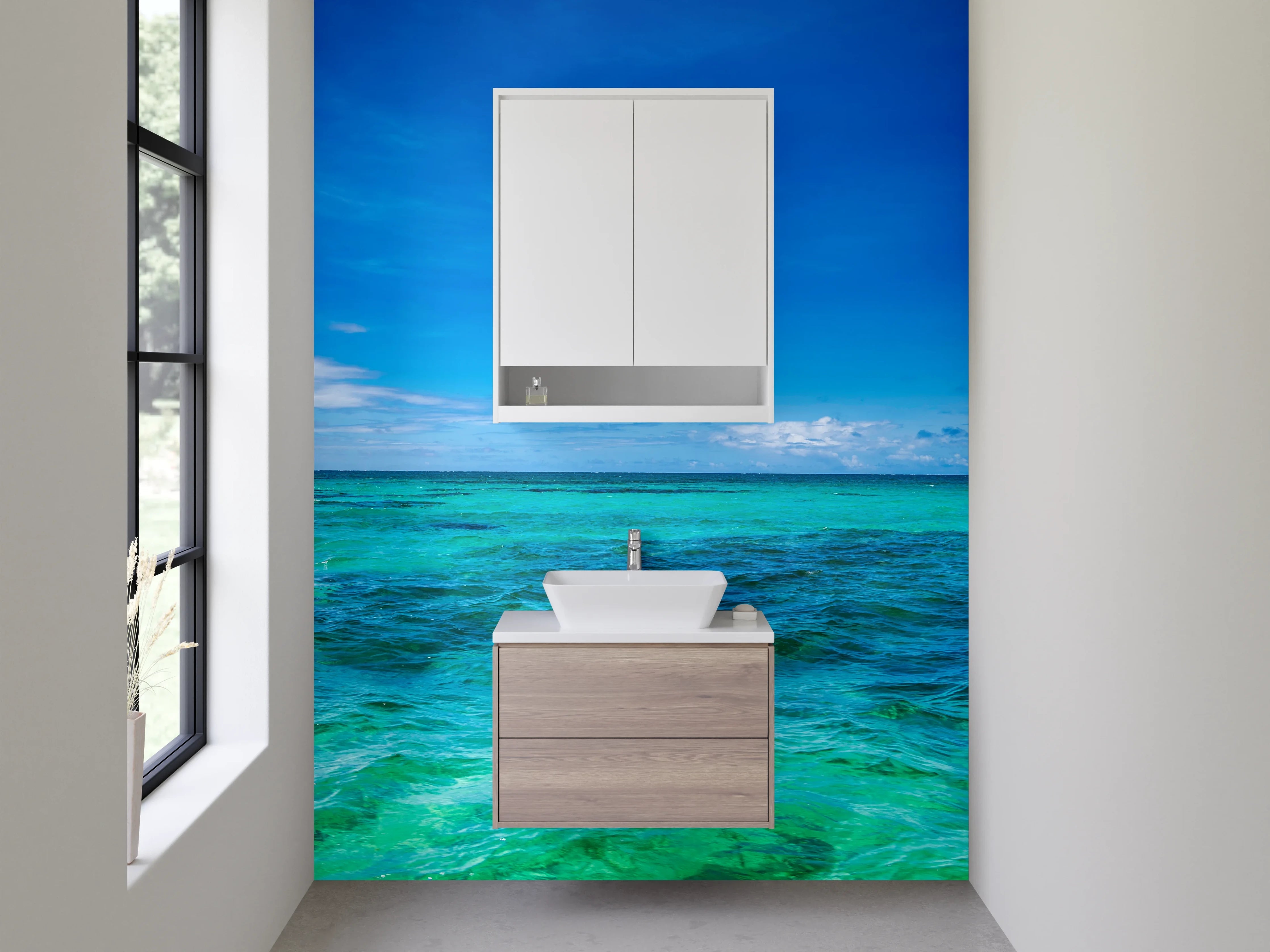 Waschbecken-Rückwand - Azurblau trifft auf silbriges Weiß