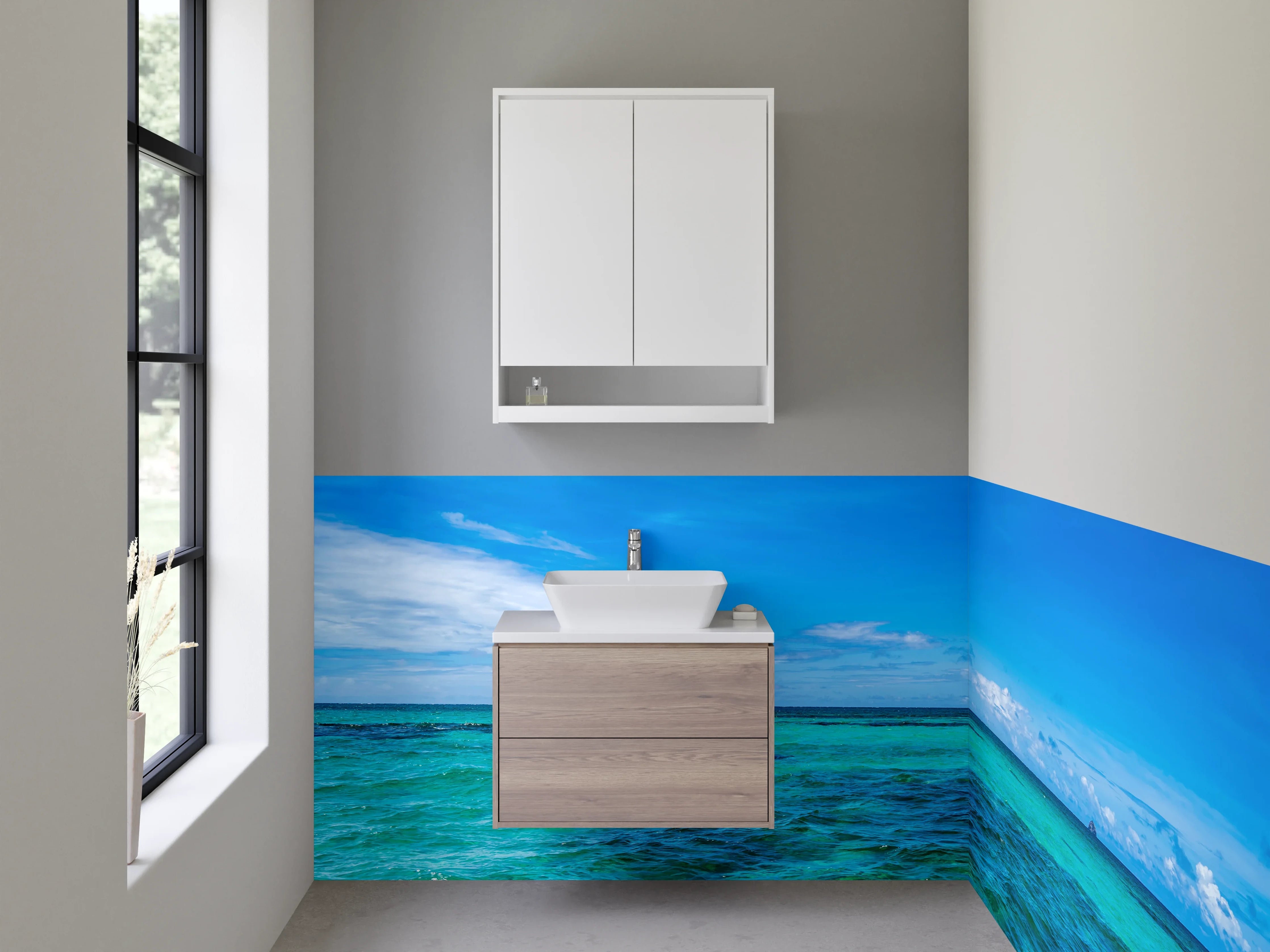 Waschbecken-Rückwand - Azurblau trifft auf silbriges Weiß