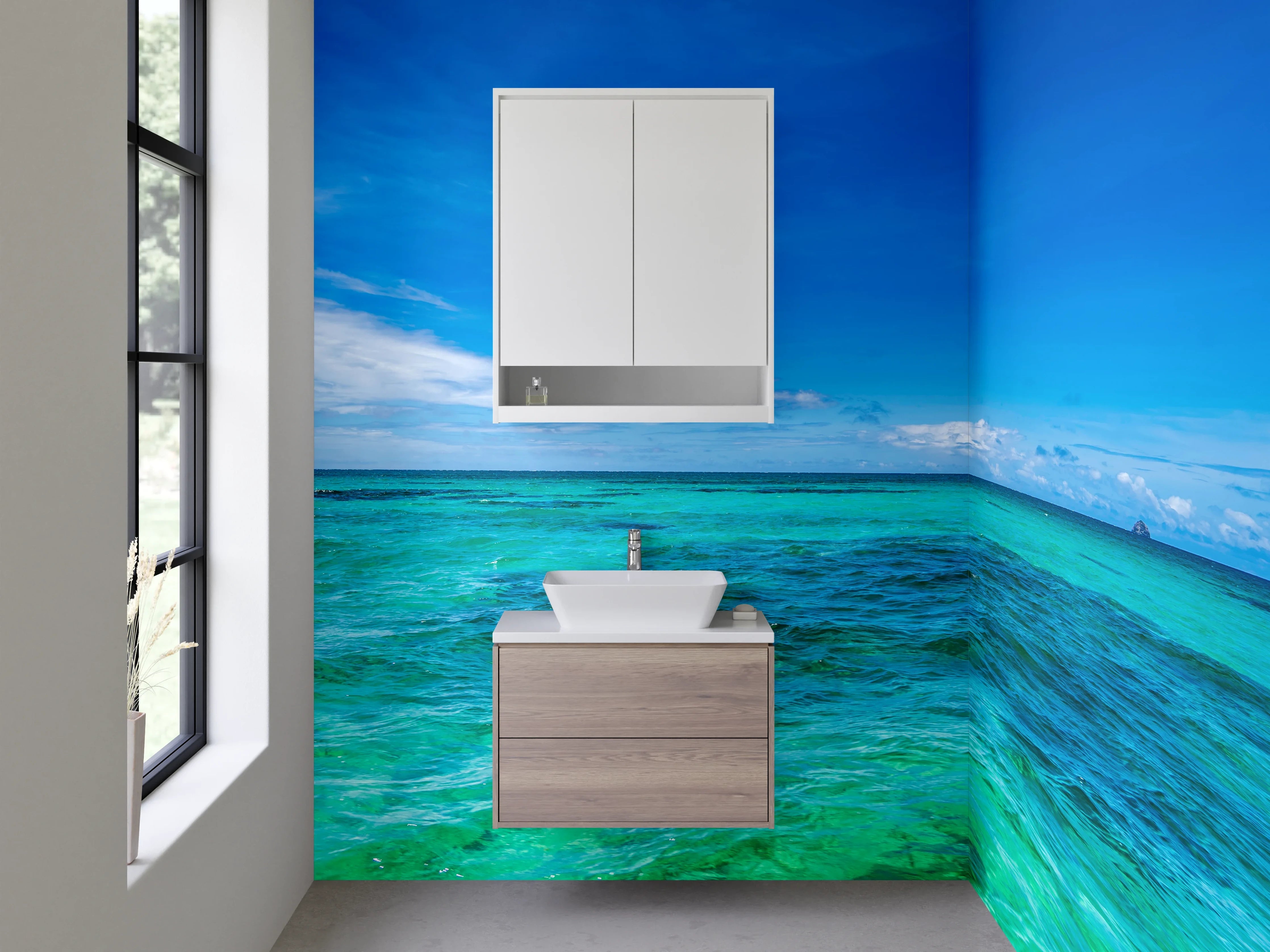 Waschbecken-Rückwand - Azurblau trifft auf silbriges Weiß