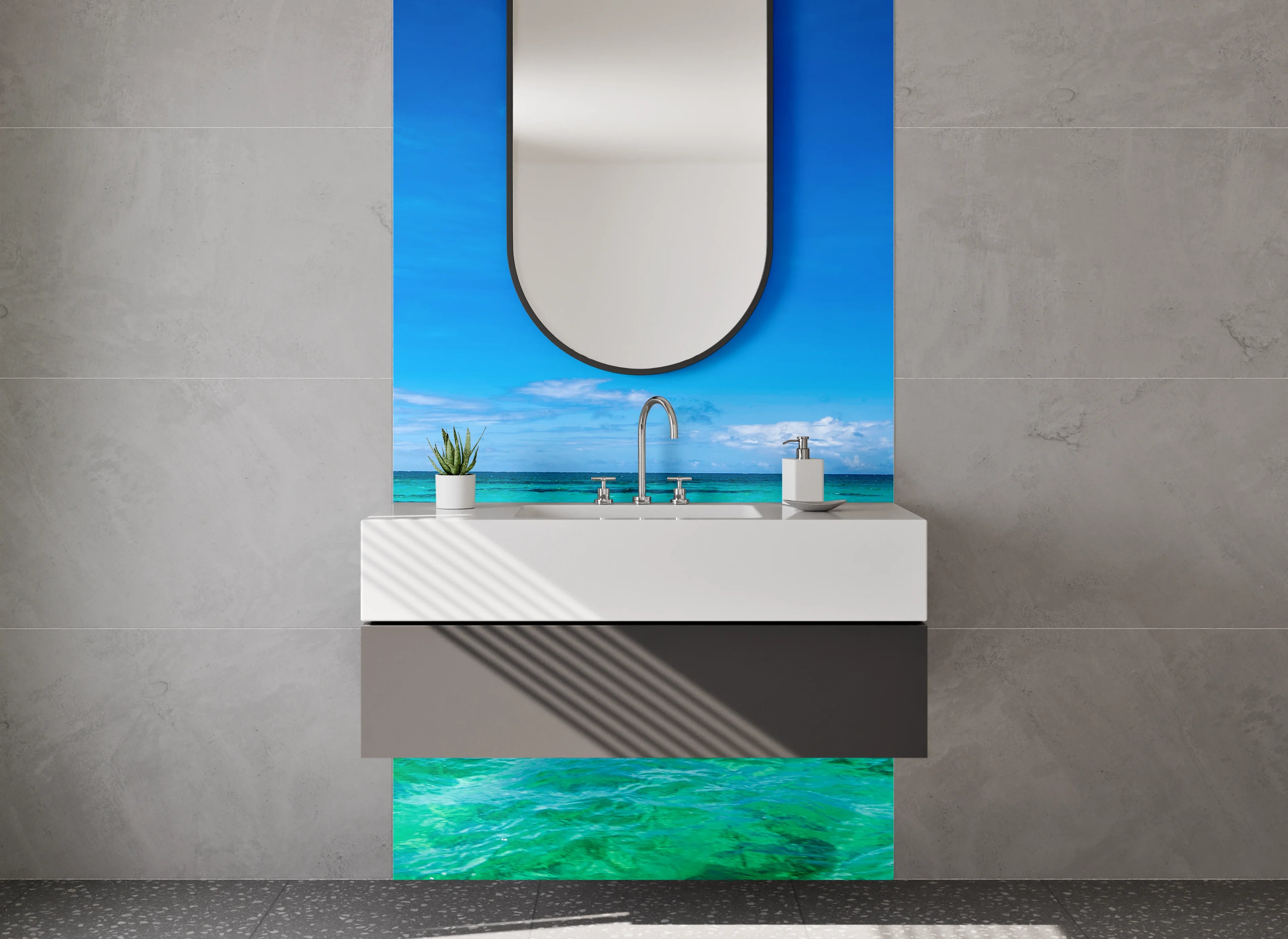 Waschbecken-Rückwand - Azurblau trifft auf silbriges Weiß