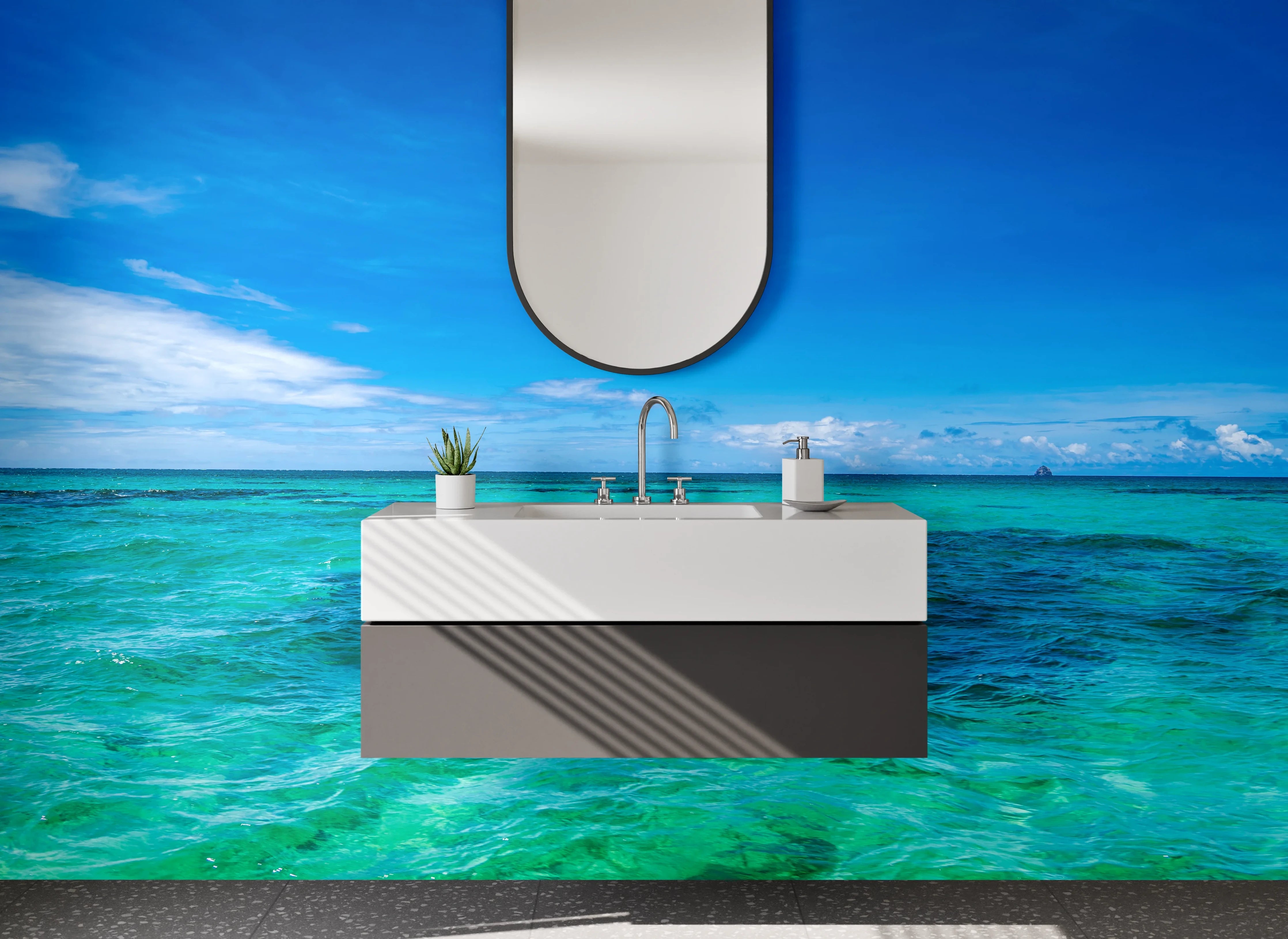 Waschbecken-Rückwand - Azurblau trifft auf silbriges Weiß