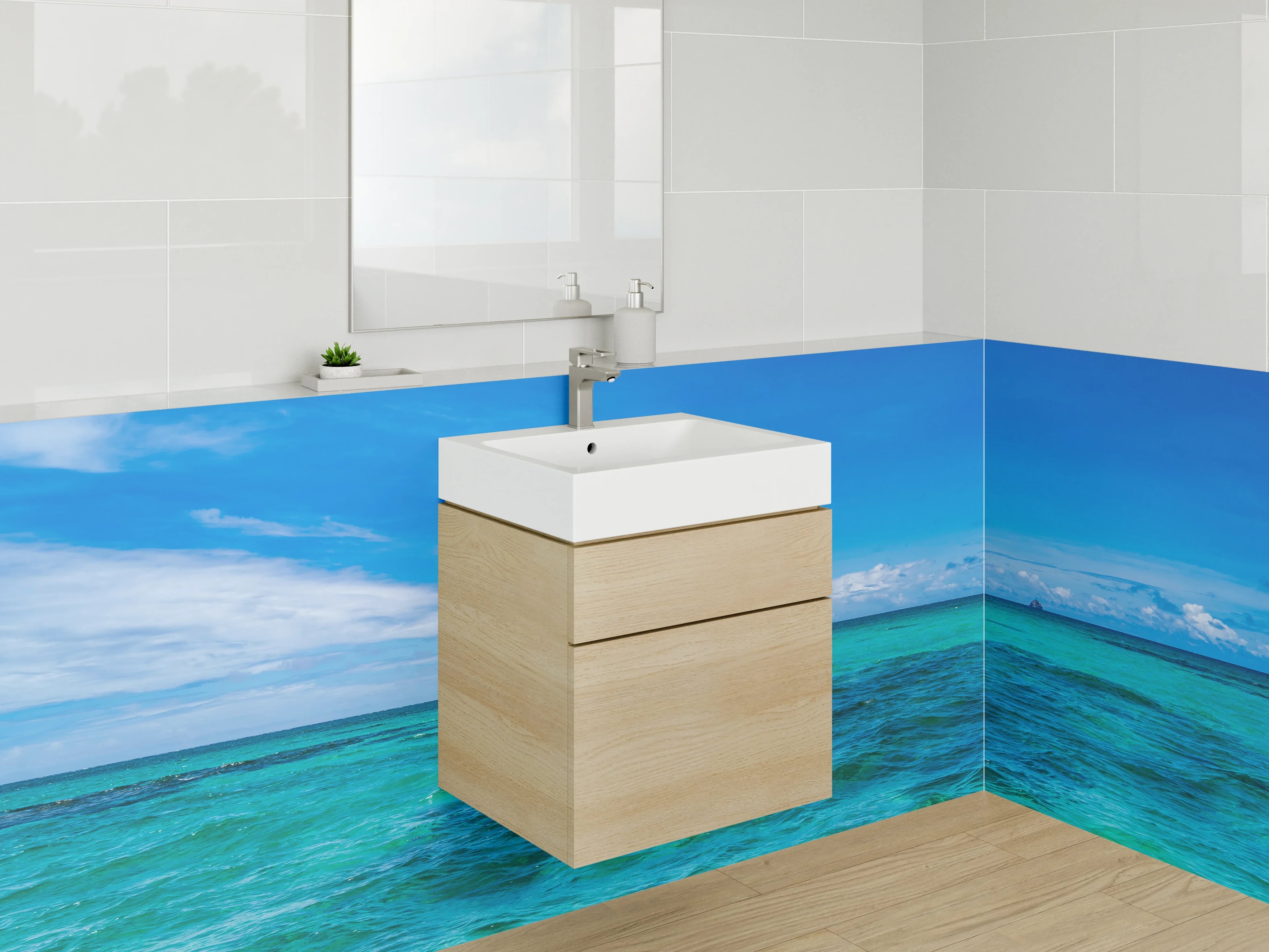 Waschbecken-Rückwand - Azurblau trifft auf silbriges Weiß