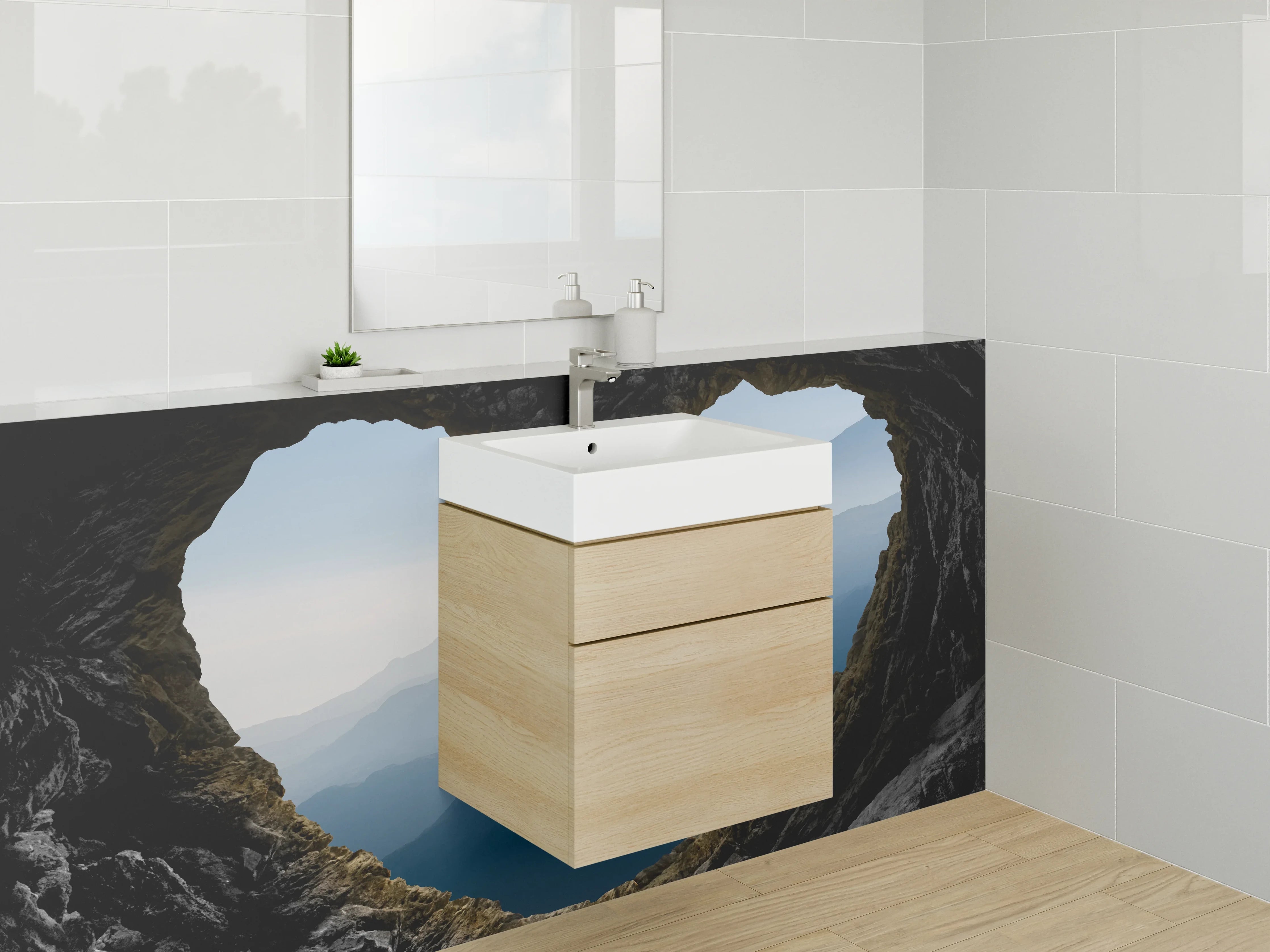 Waschbecken-Rückwand - Azurblaue Berge durch Felsloch