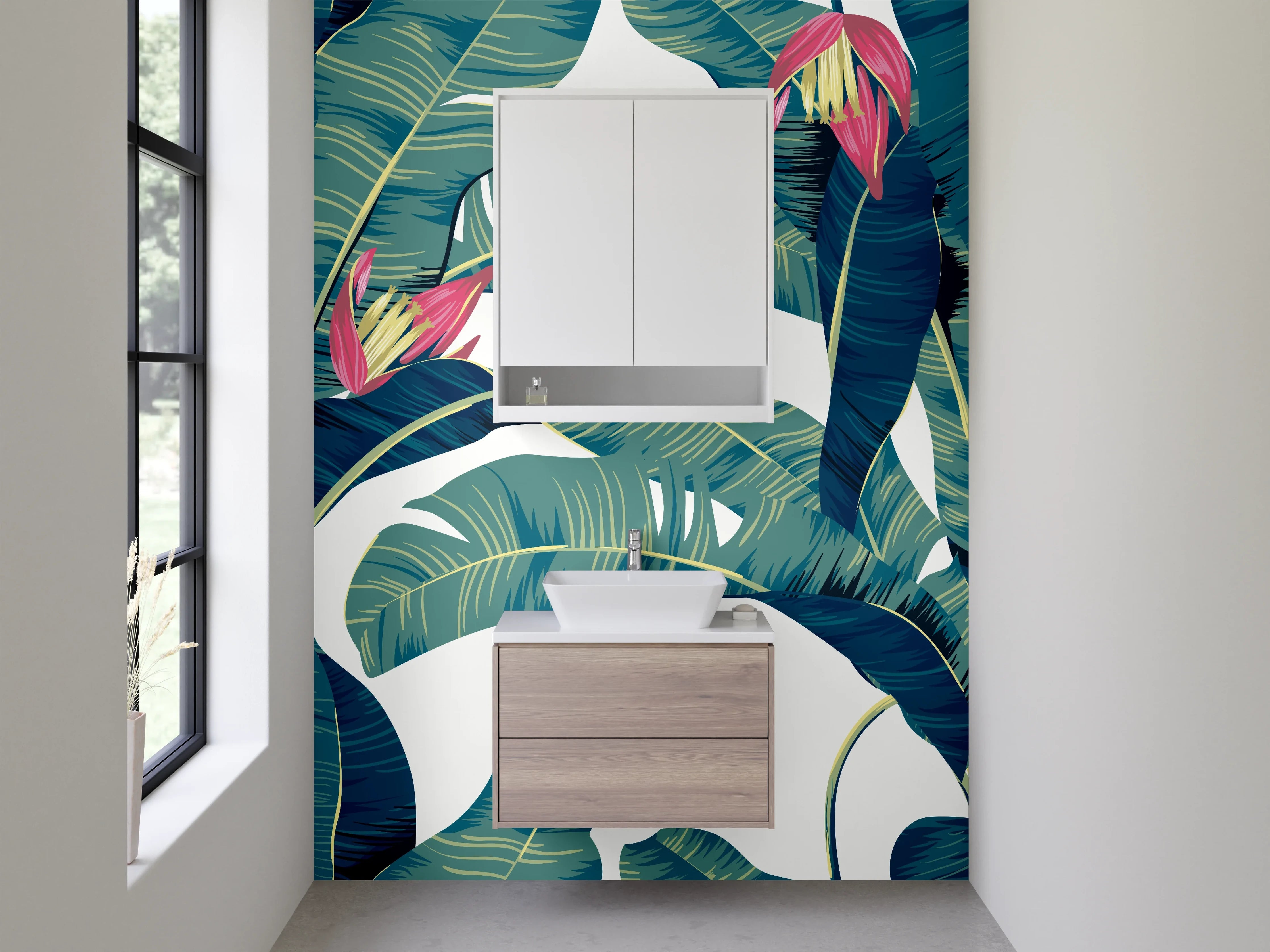 Waschbecken-Rückwand - Bananenblätter Dschungel Illustration grün-blau