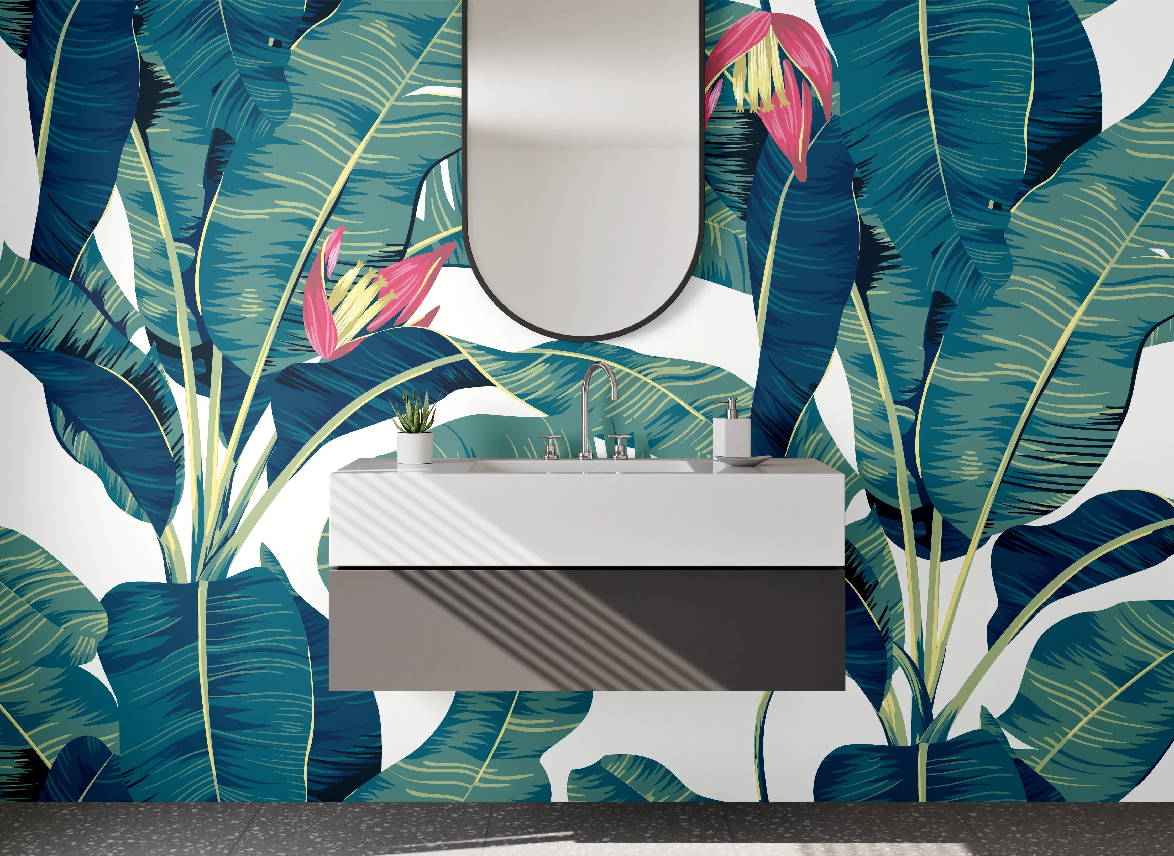 Waschbecken-Rückwand - Bananenblätter Dschungel Illustration grün-blau