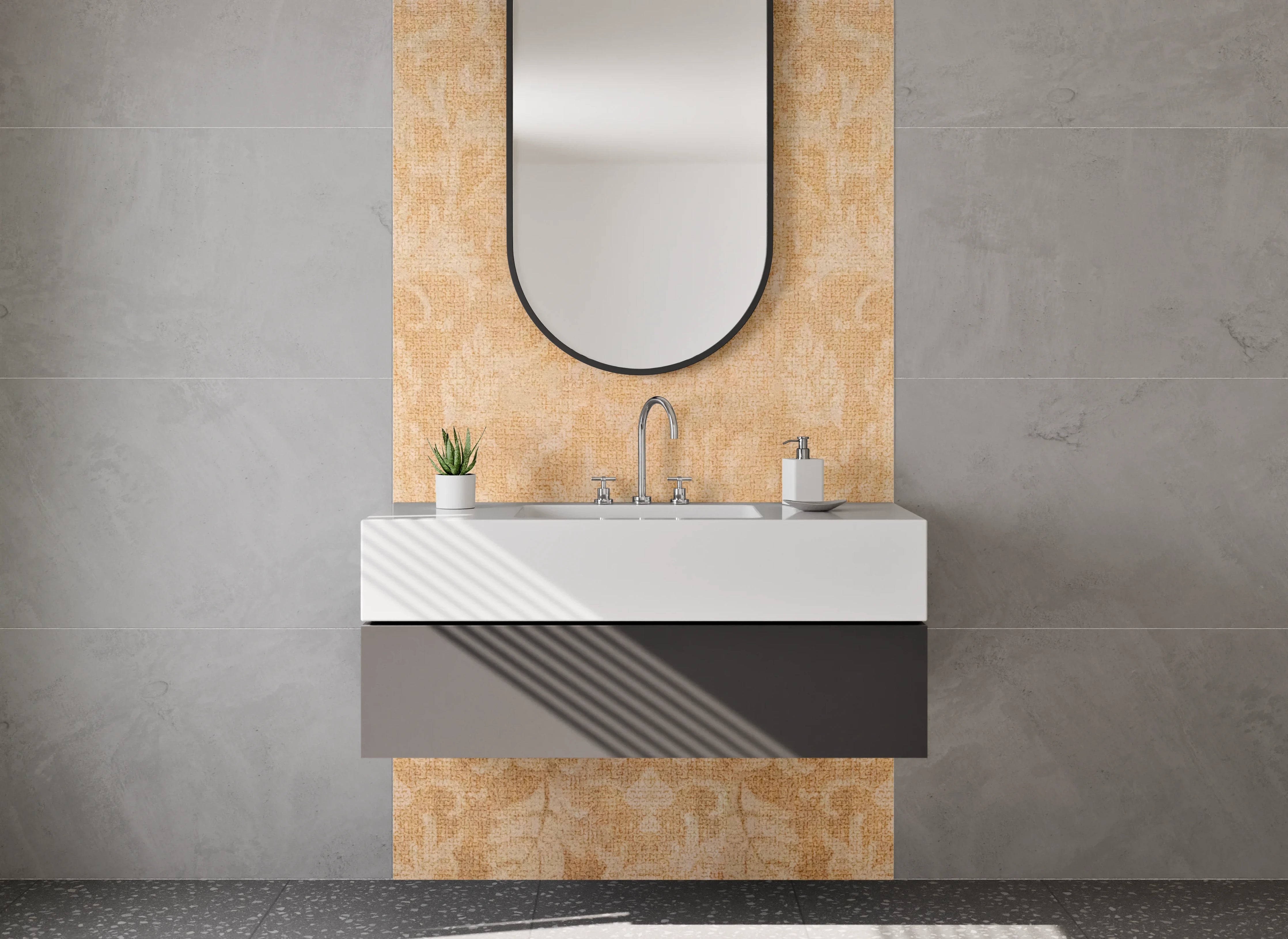 Waschbecken-Rückwand - Barock Tapetenmuster Beige Gold