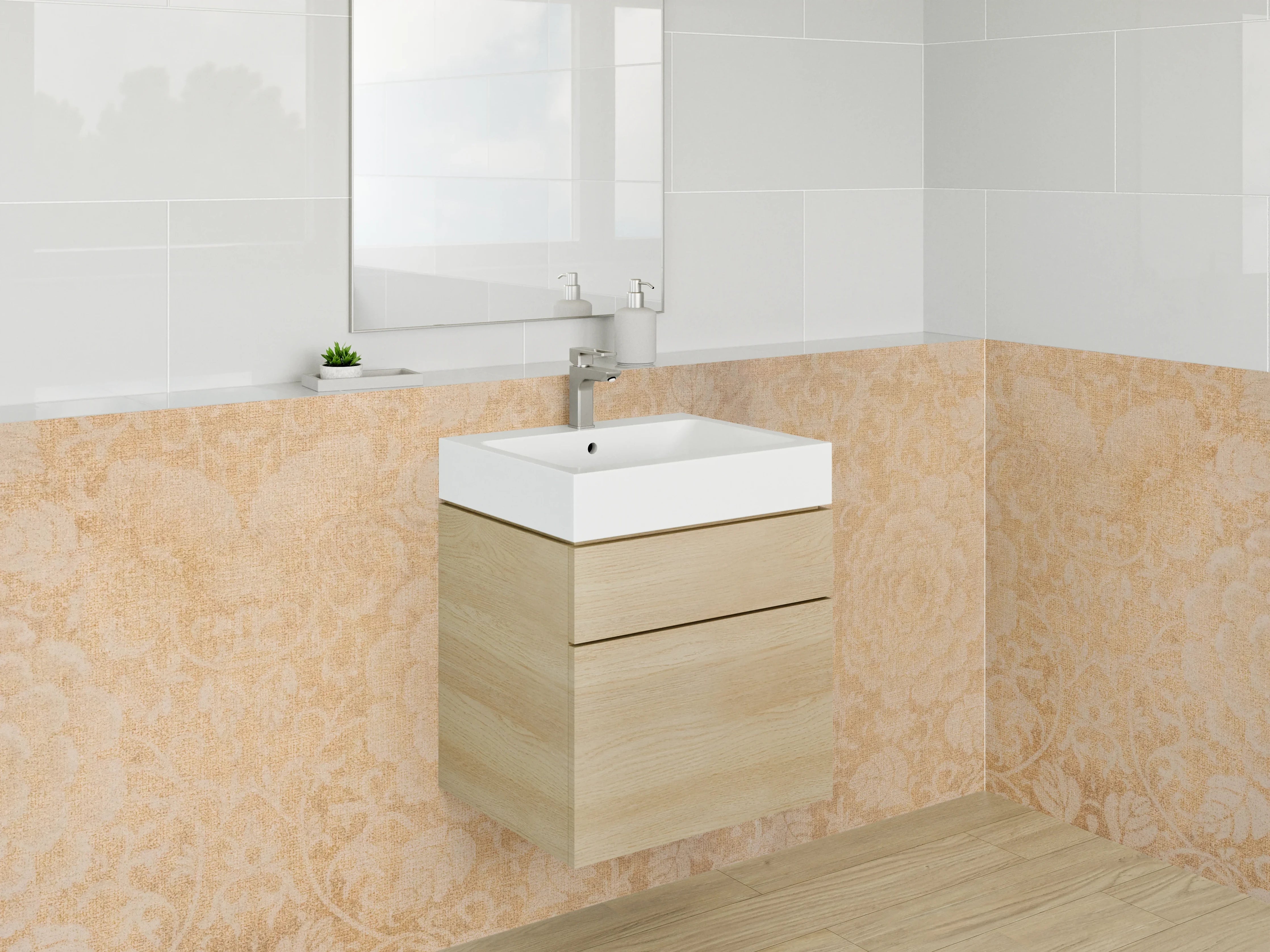 Waschbecken-Rückwand - Barock Tapetenmuster Beige Gold