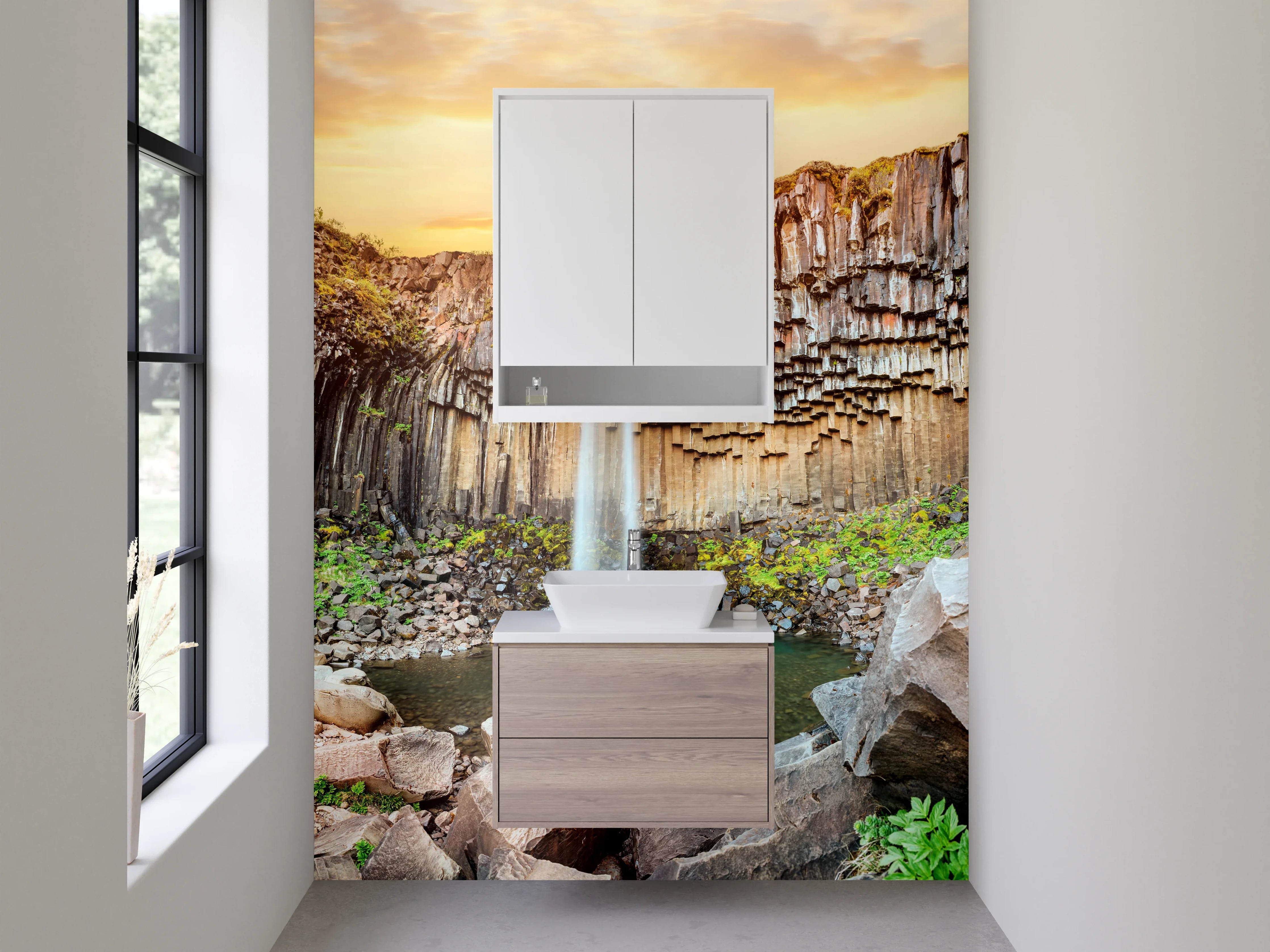 Waschbecken-Rückwand - Basalt-Wasserfall im Sonnenuntergang Island