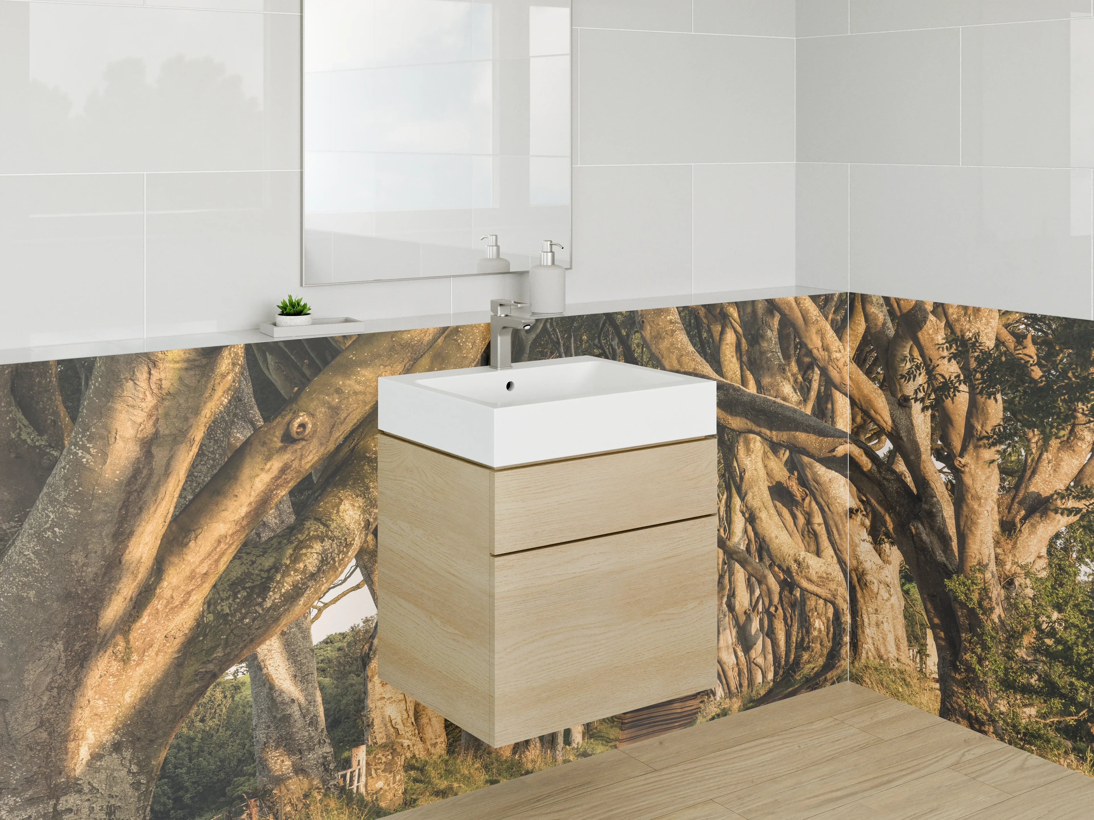 Waschbecken-Rückwand - Baumallee im goldenen Licht