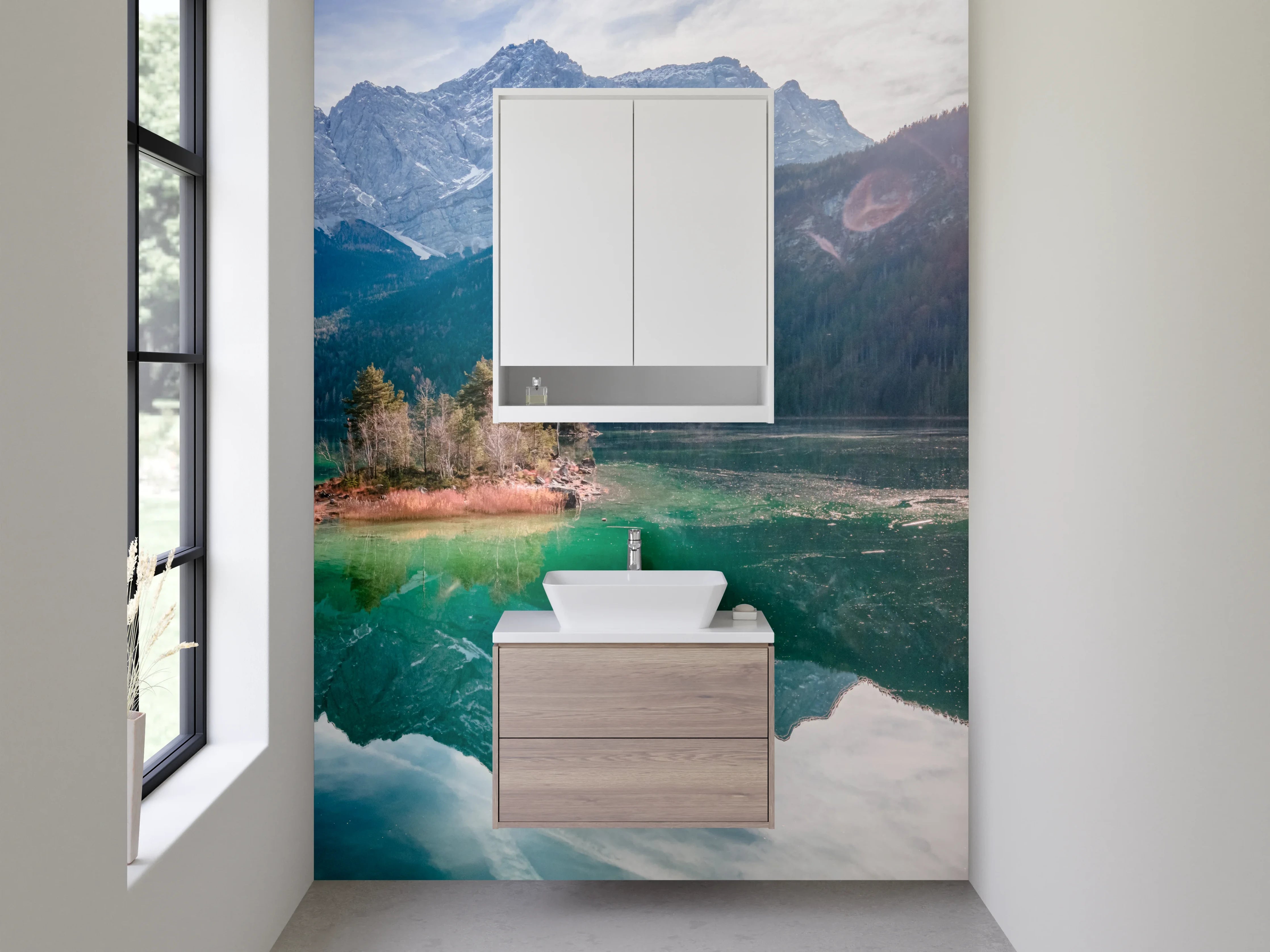 Waschbecken-Rückwand - Beeindruckende Berglandschaft mit Spiegelung im See