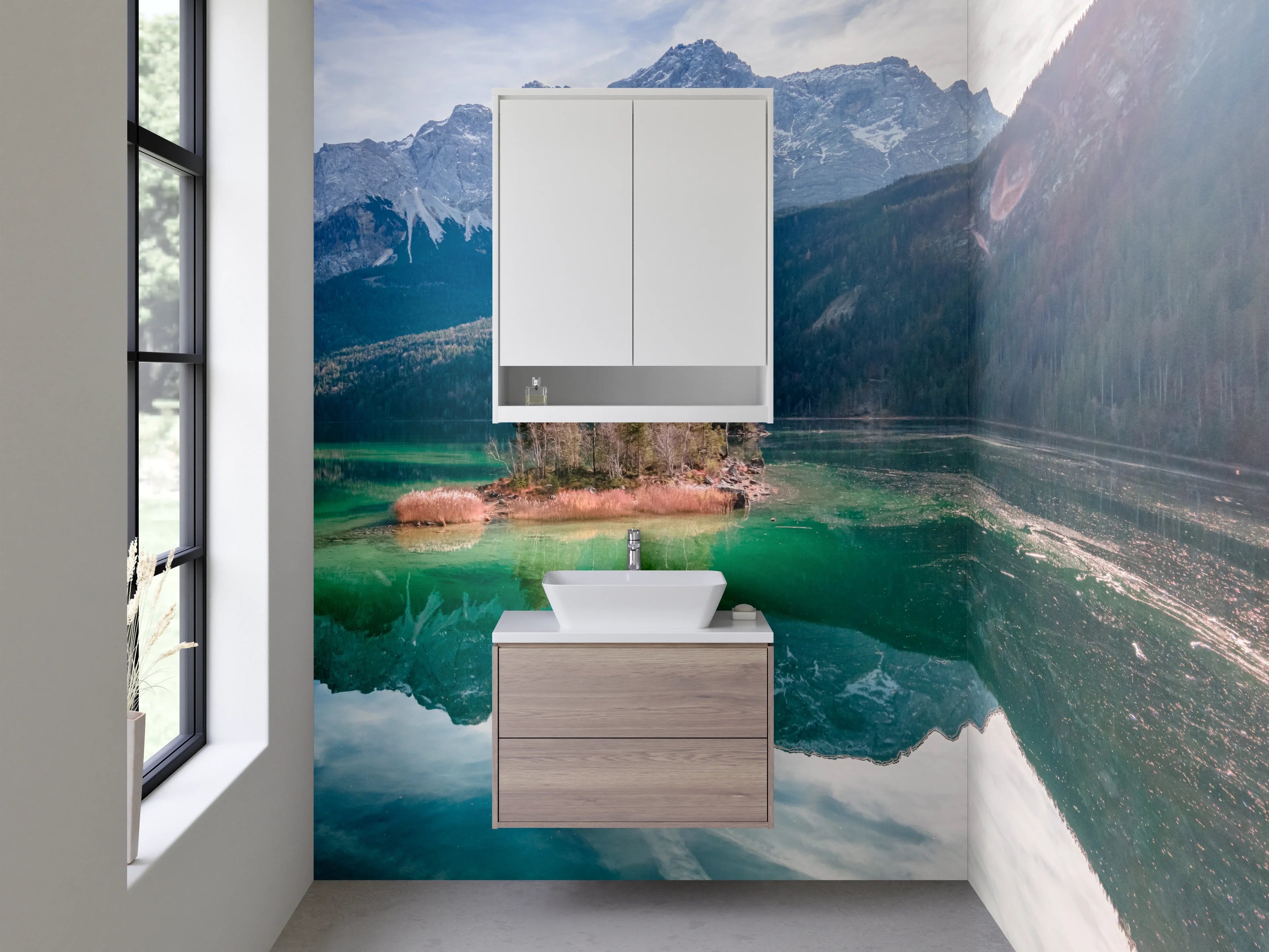 Waschbecken-Rückwand - Beeindruckende Berglandschaft mit Spiegelung im See