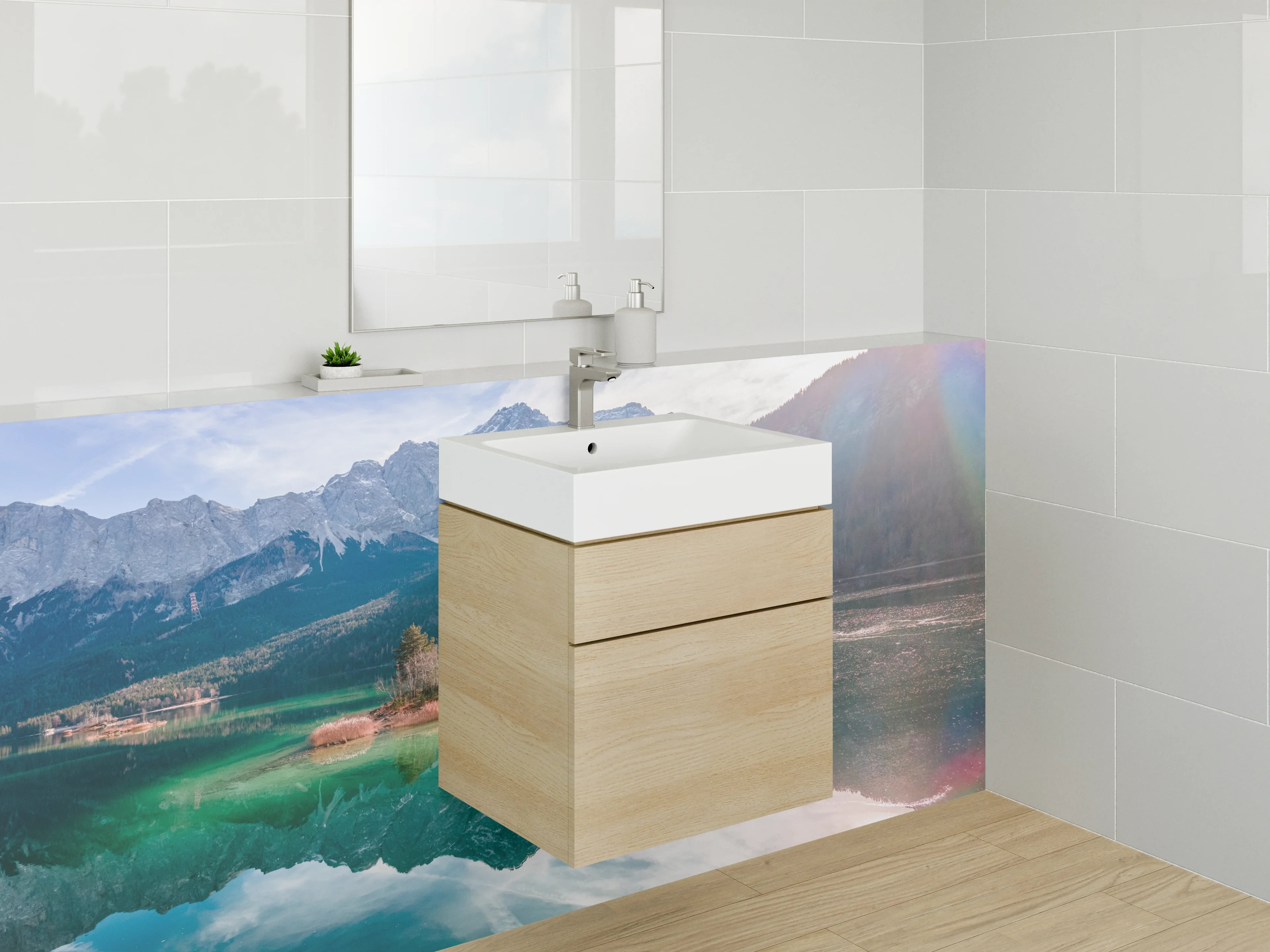 Waschbecken-Rückwand - Beeindruckende Berglandschaft mit Spiegelung im See