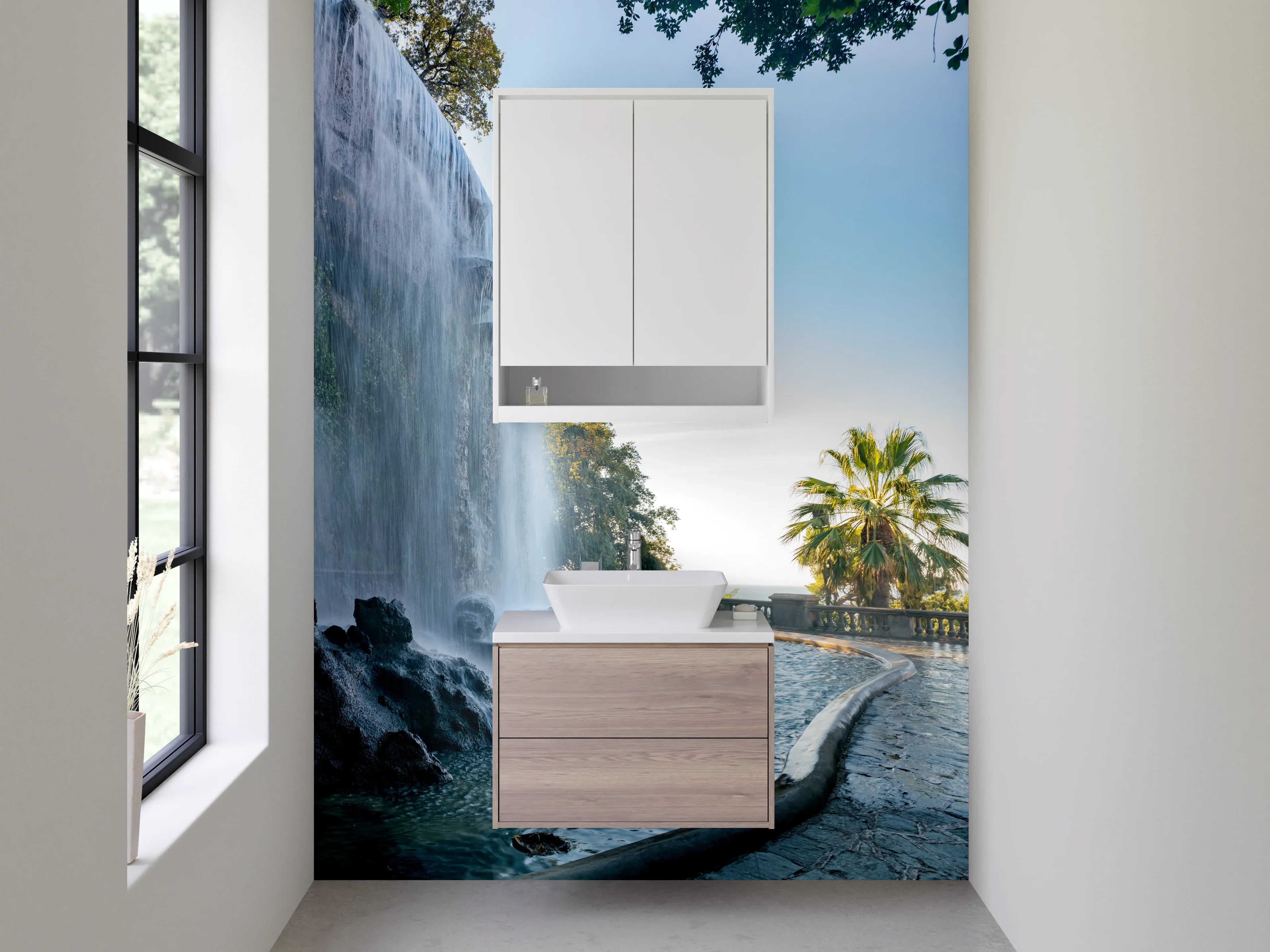 Waschbecken-Rückwand - Beeindruckender Wasserfall an Palmenpromenade