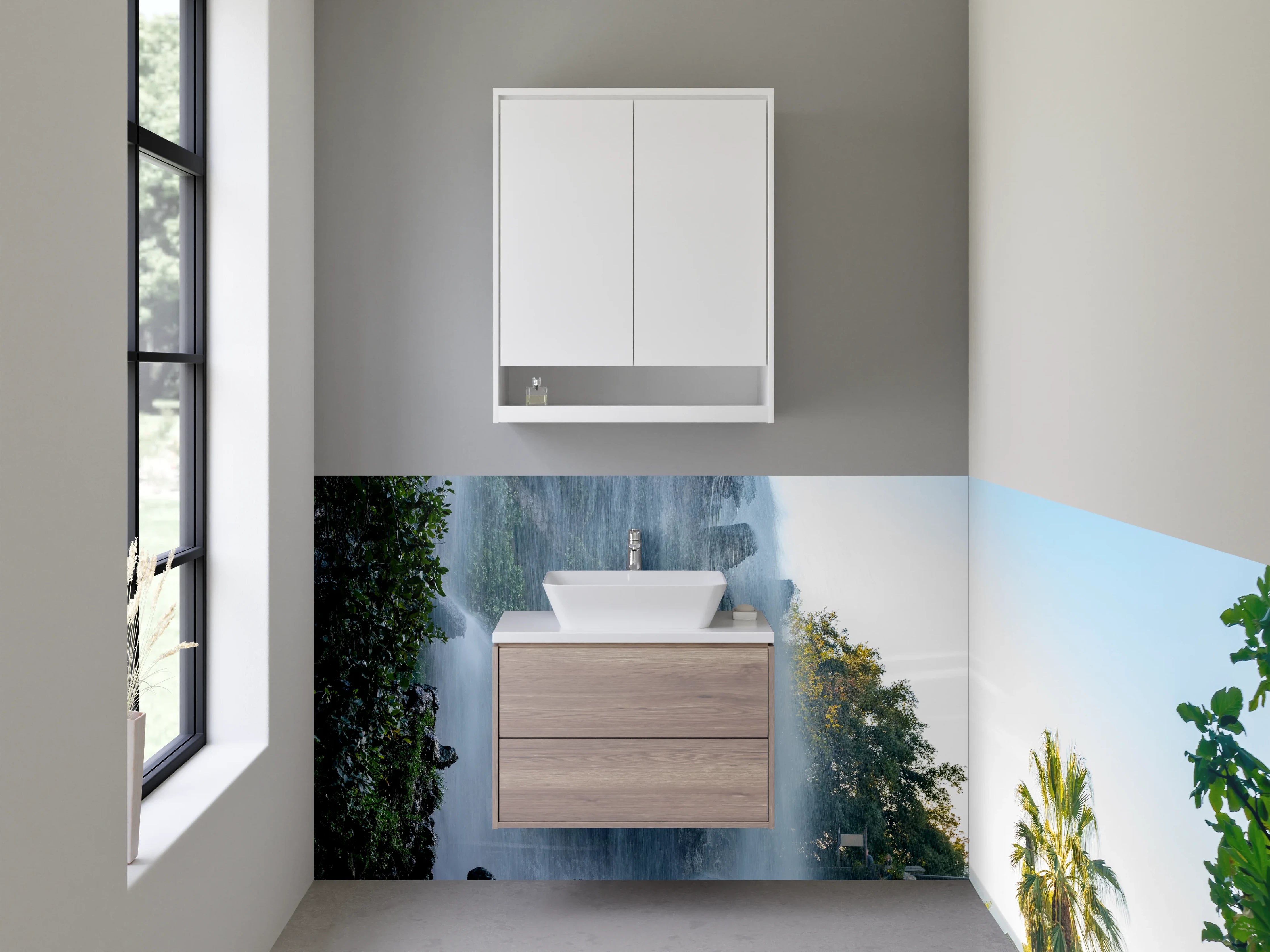 Waschbecken-Rückwand - Beeindruckender Wasserfall an Palmenpromenade