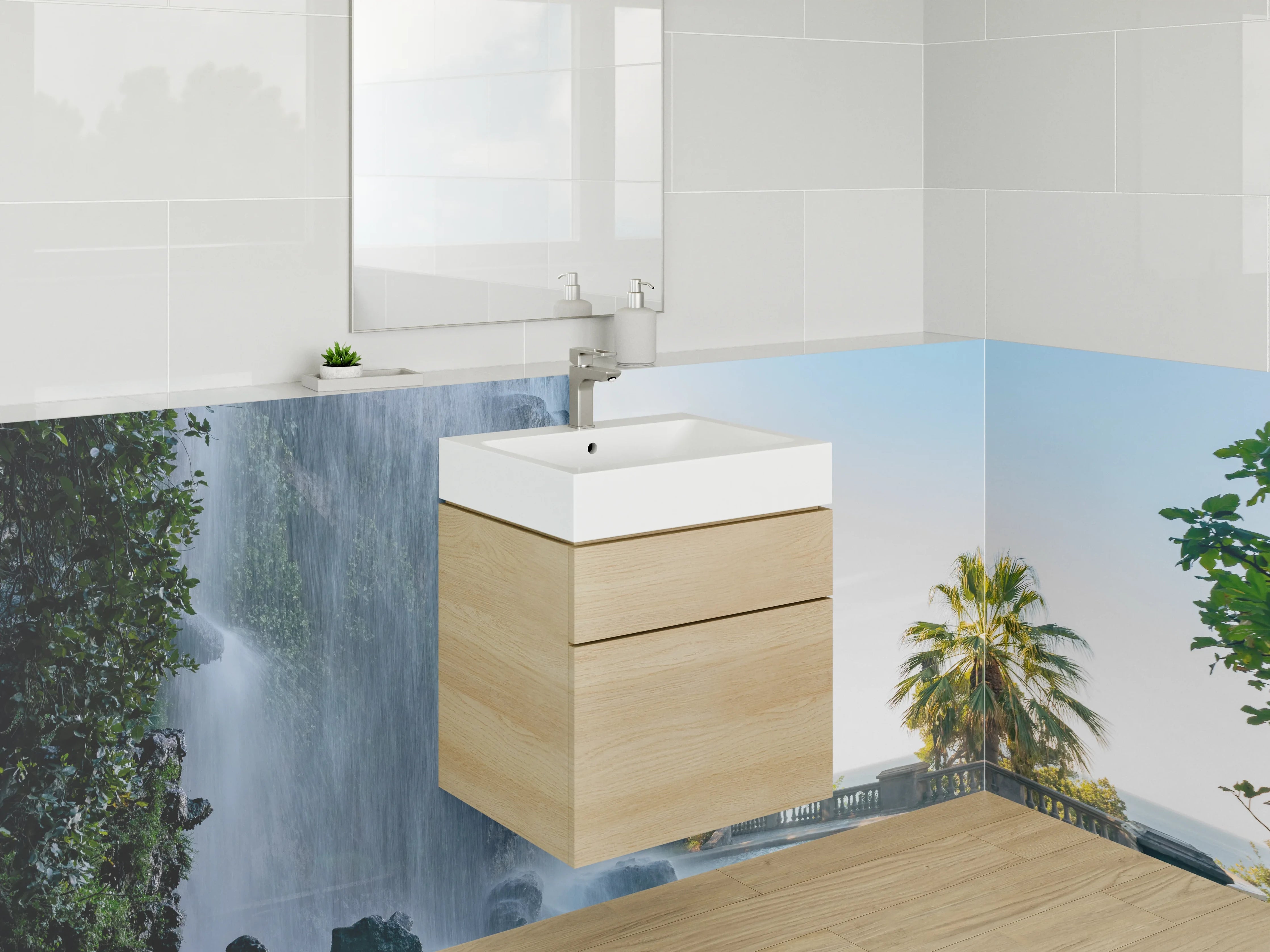 Waschbecken-Rückwand - Beeindruckender Wasserfall an Palmenpromenade