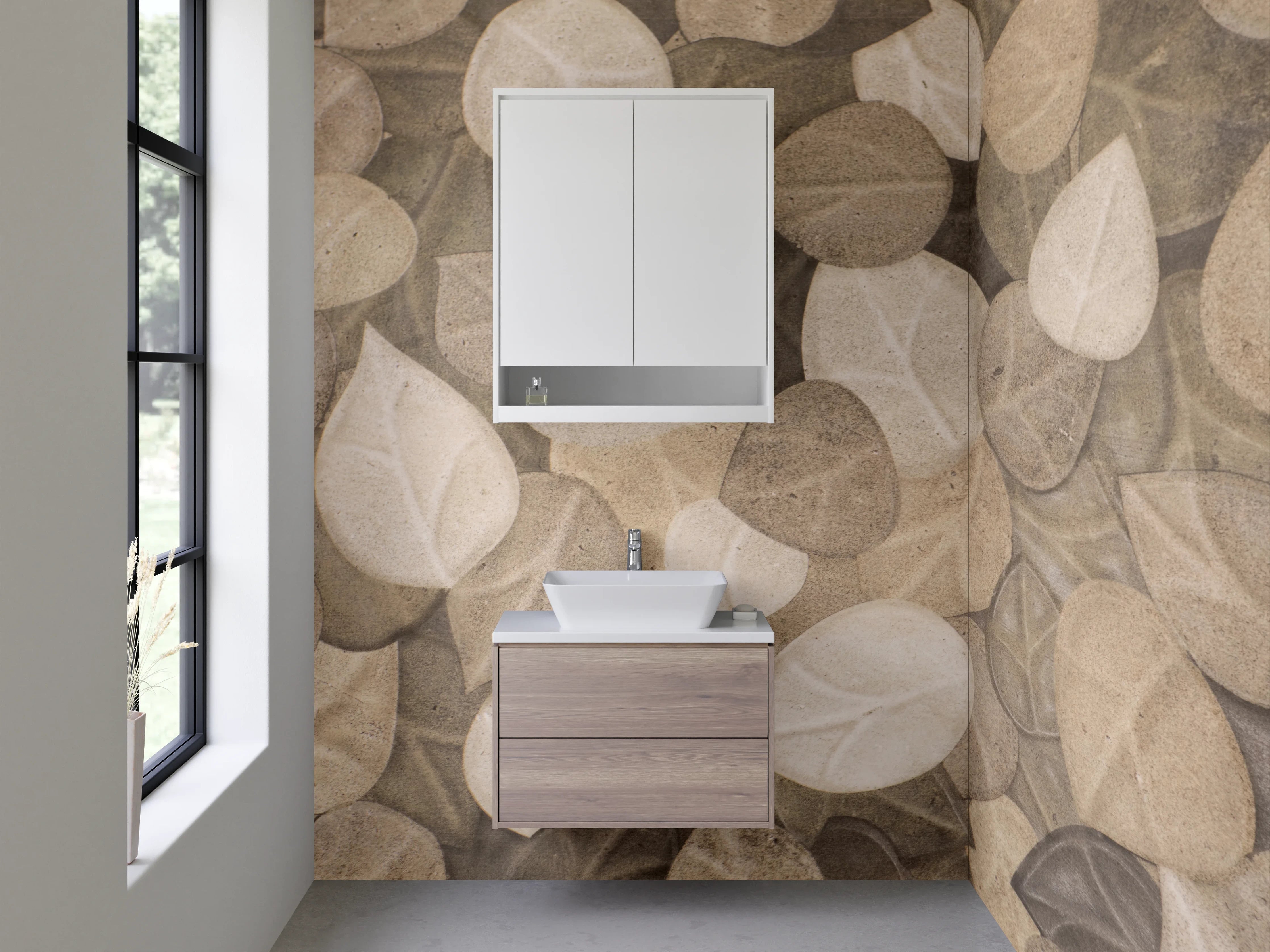 Waschbecken-Rückwand - Beige Blattmuster Naturstein-Optik
