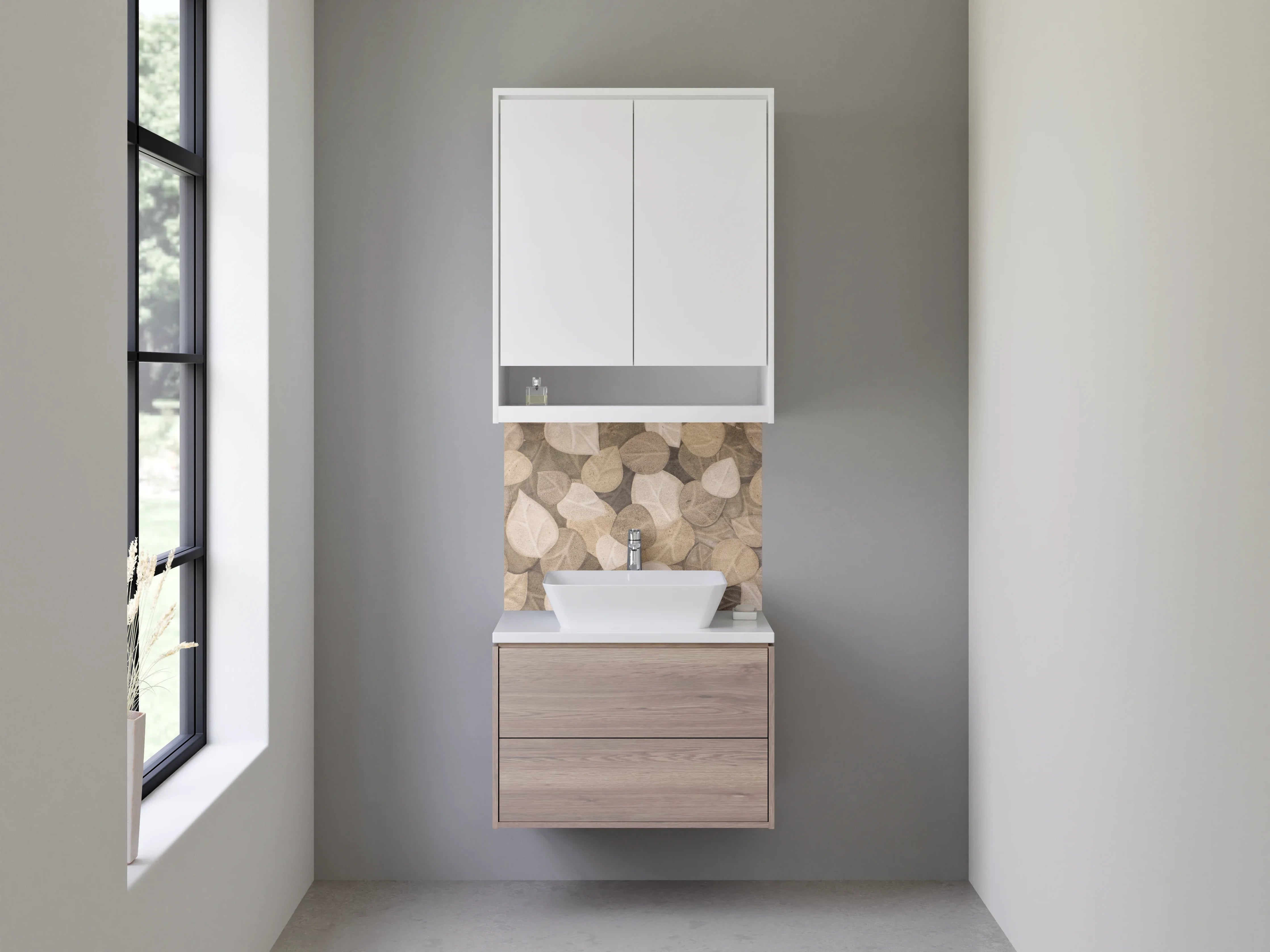 Waschbecken-Rückwand - Beige Blattmuster Naturstein-Optik