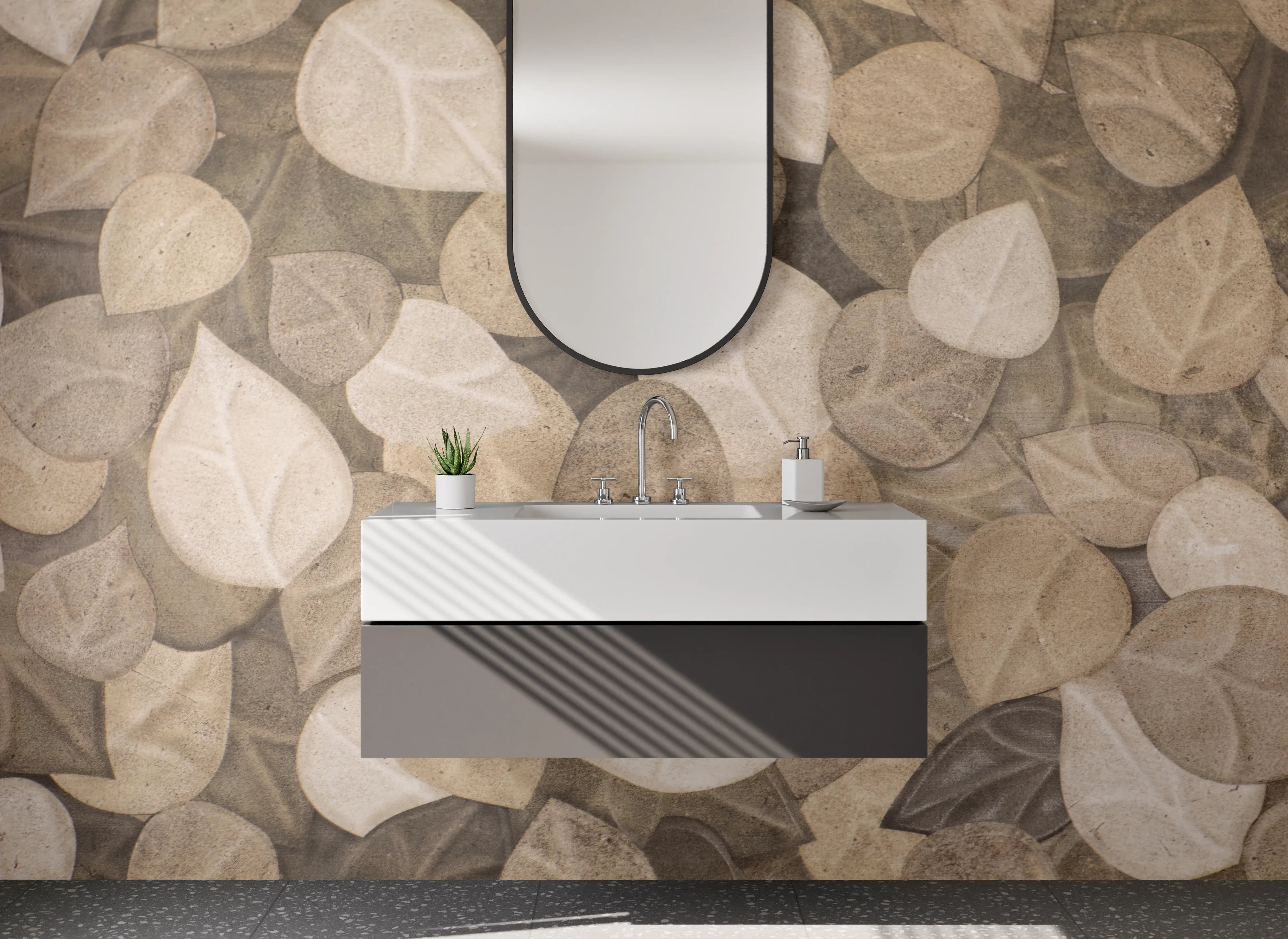 Waschbecken-Rückwand - Beige Blattmuster Naturstein-Optik