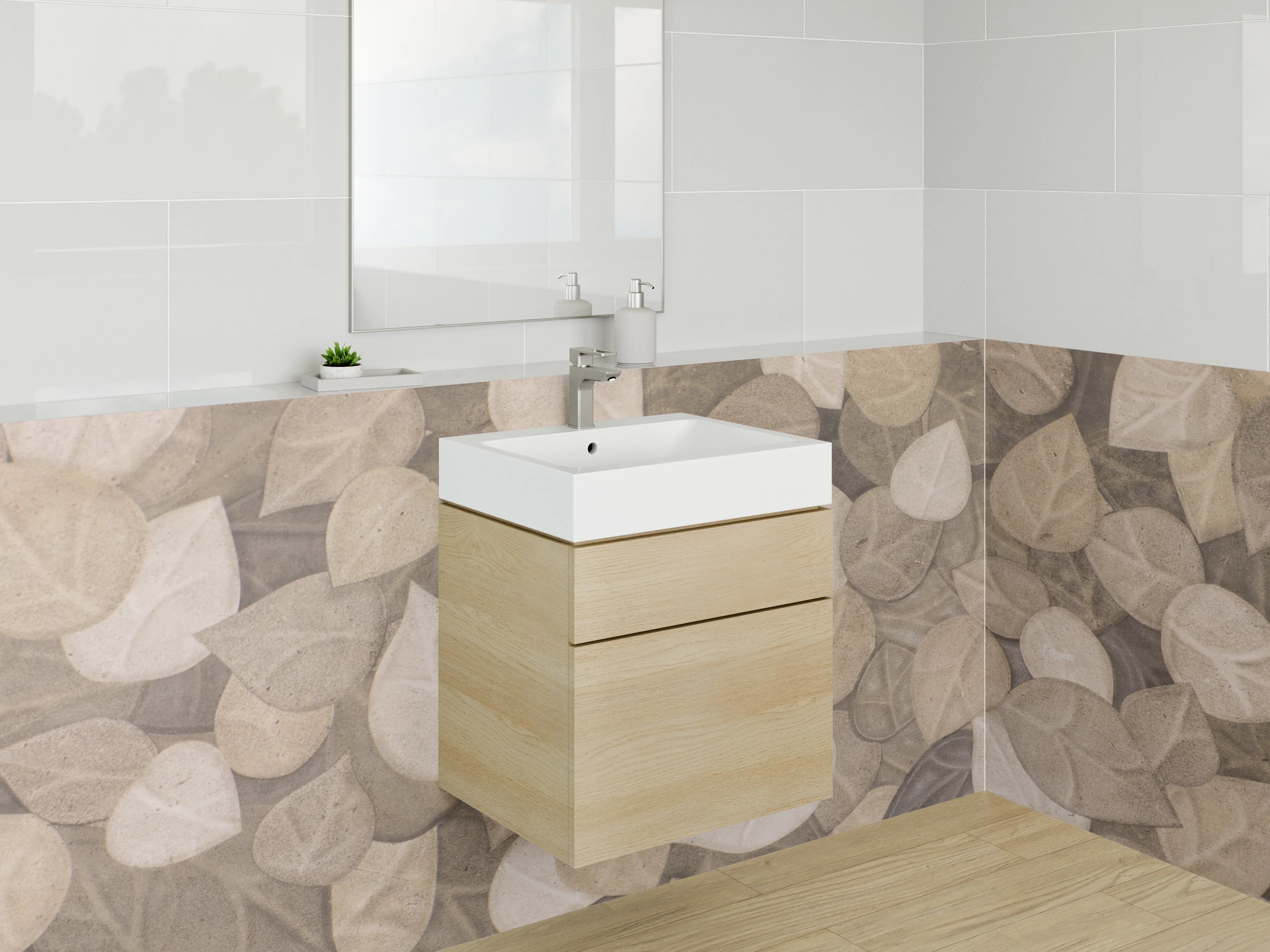 Waschbecken-Rückwand - Beige Blattmuster Naturstein-Optik