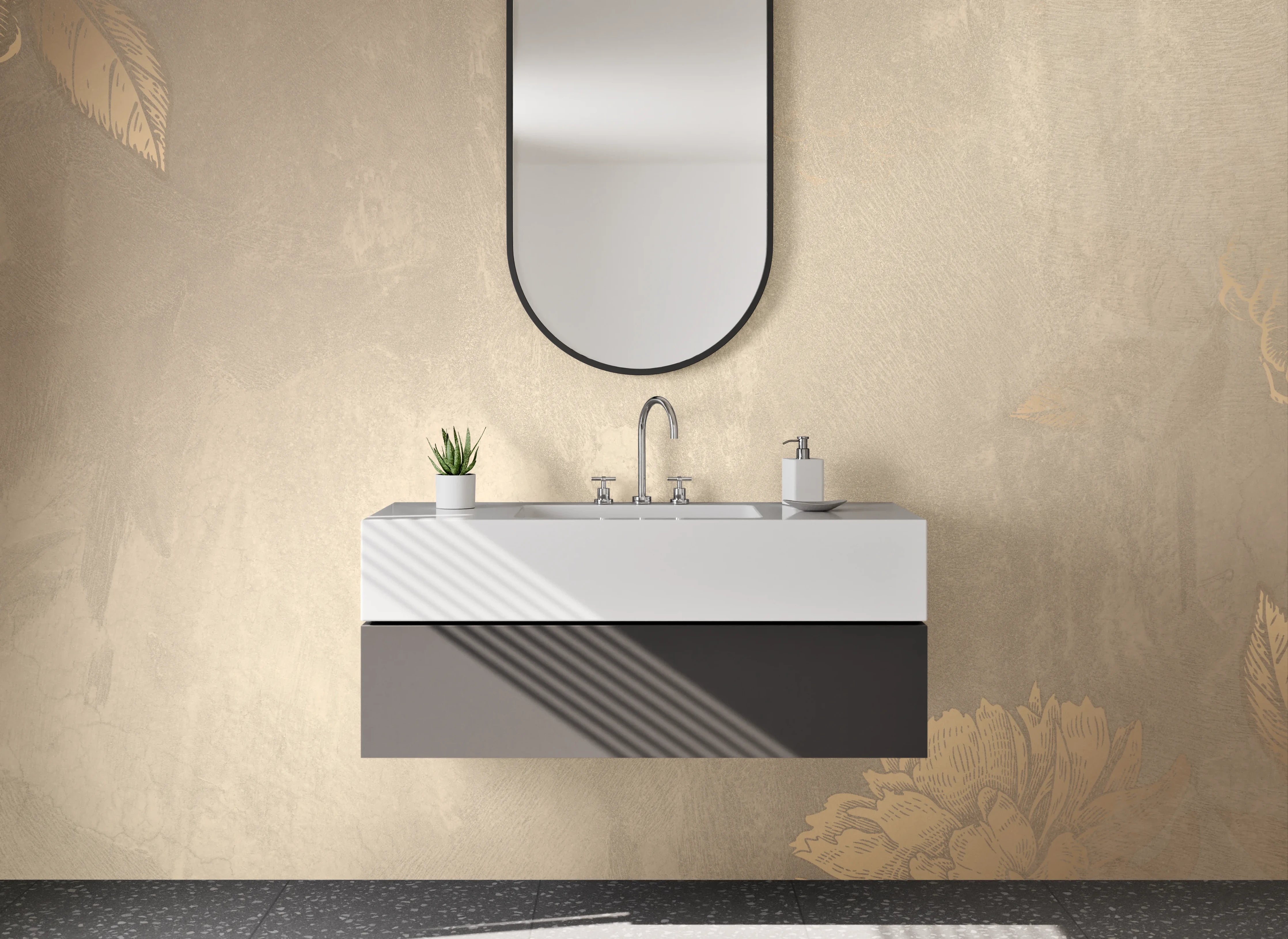 Waschbecken-Rückwand - Beige Blumen Vintage-Optik