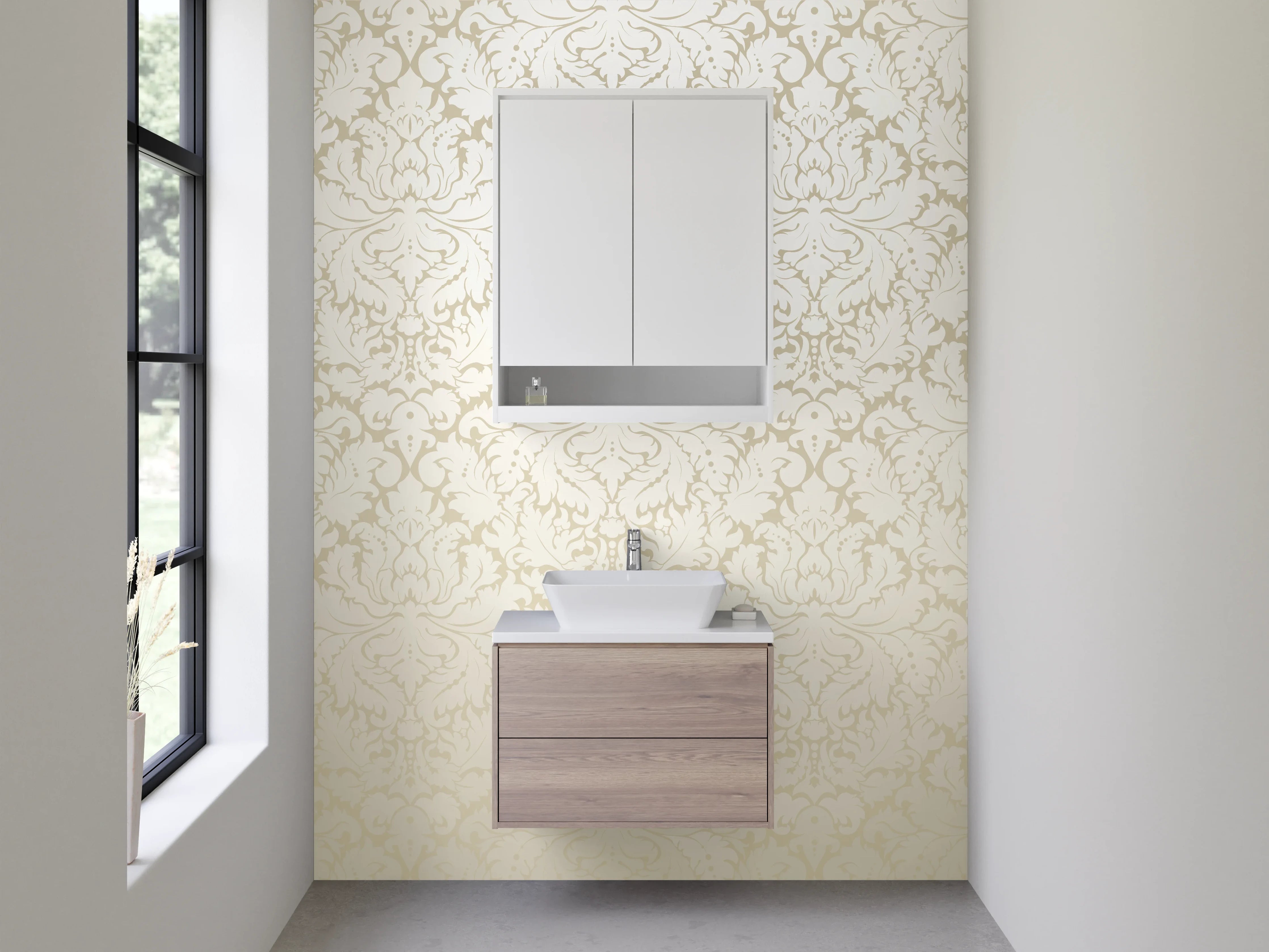 Waschbecken-Rückwand - Beige Damast Muster elegant