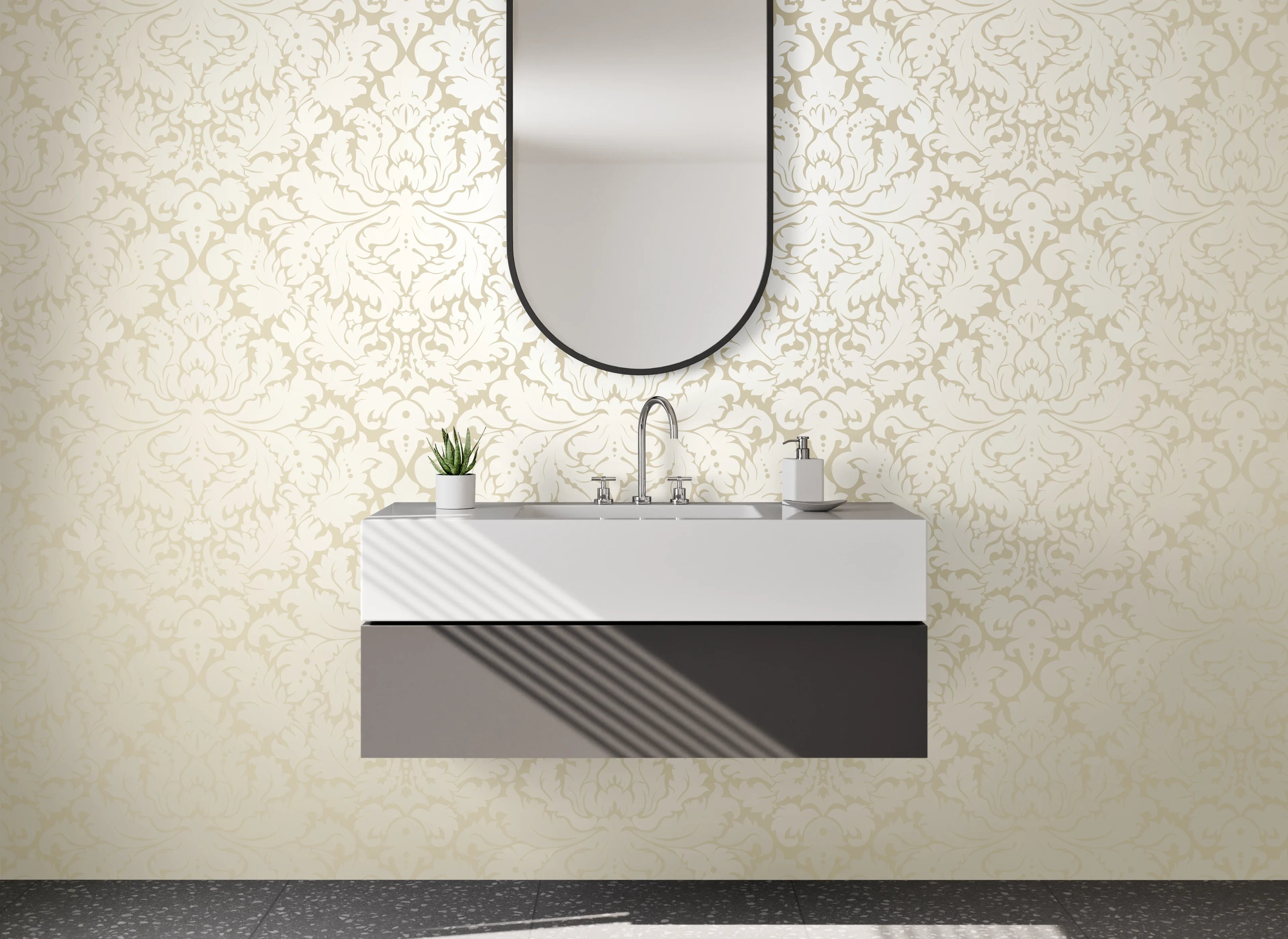 Waschbecken-Rückwand - Beige Damast Muster elegant