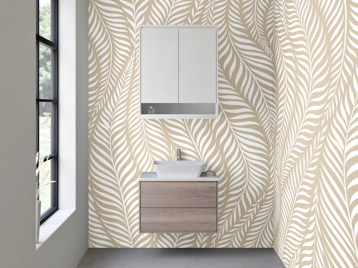 Waschbecken-Rückwand - Beige-Graue Blätterharmonie auf Weiß