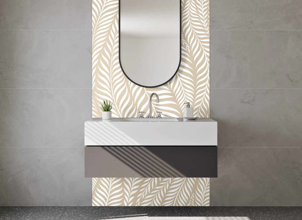 Waschbecken-Rückwand - Beige-Graue Blätterharmonie auf Weiß