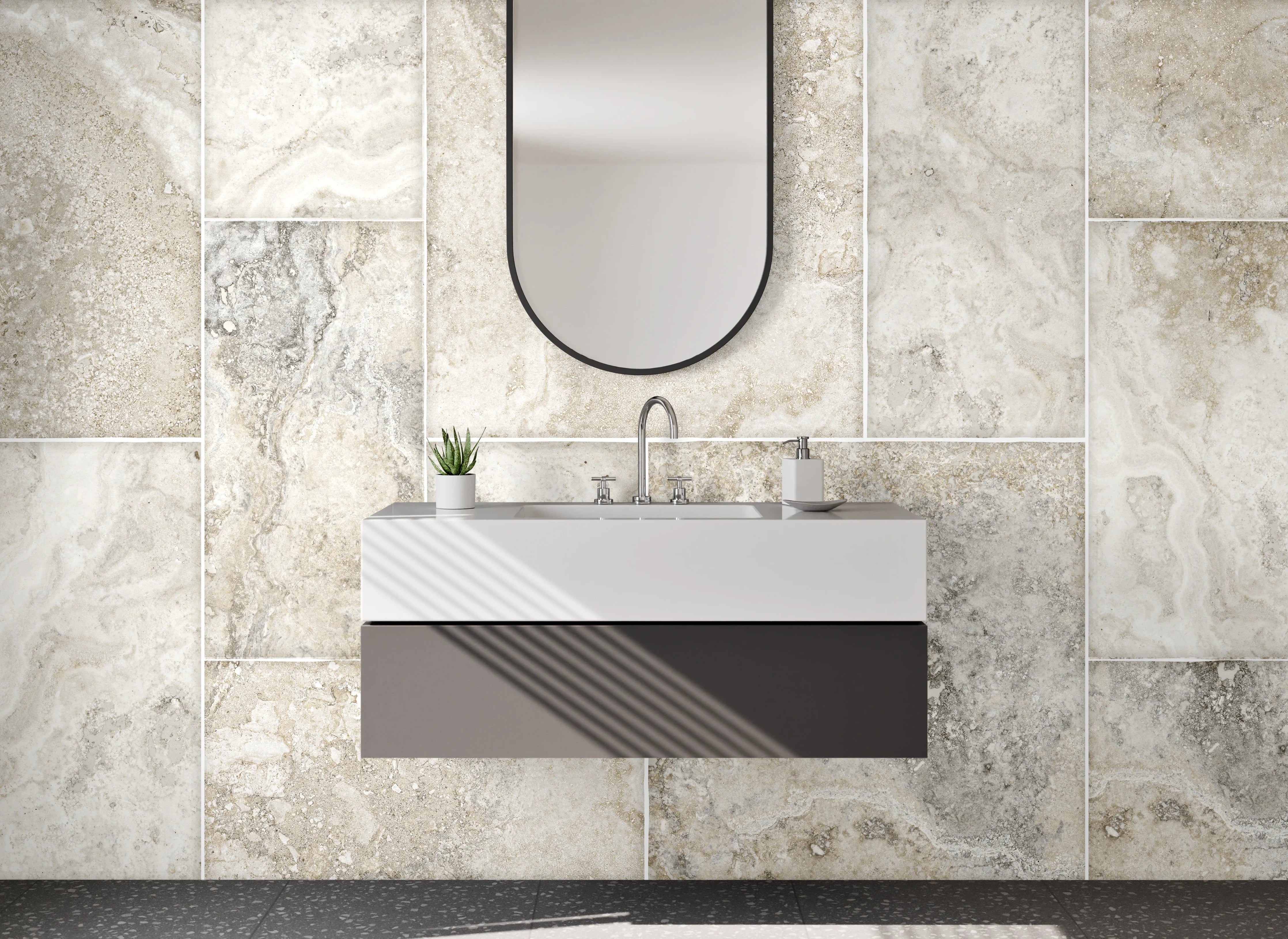 Waschbecken-Rückwand - Beige-Graue Marmoroptik Fliesenrückwand