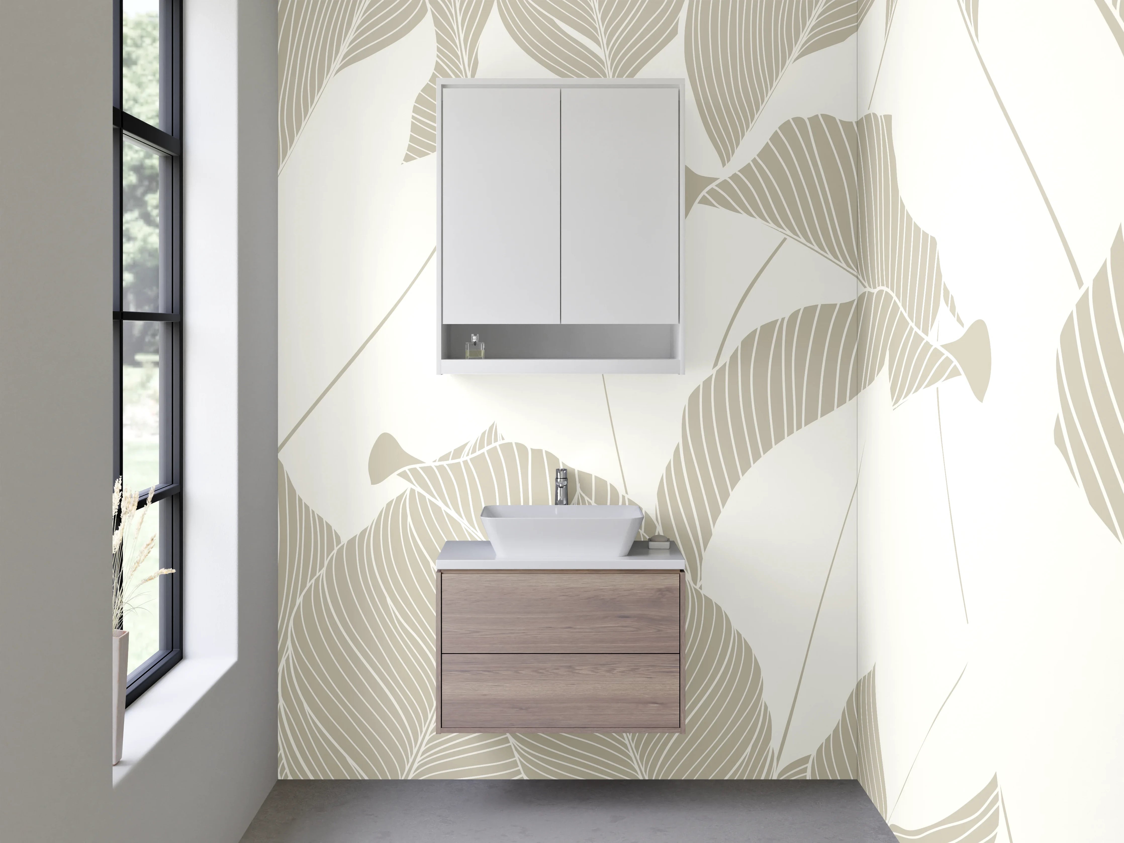Waschbecken-Rückwand - Beige Lineart Blätter Naturmuster