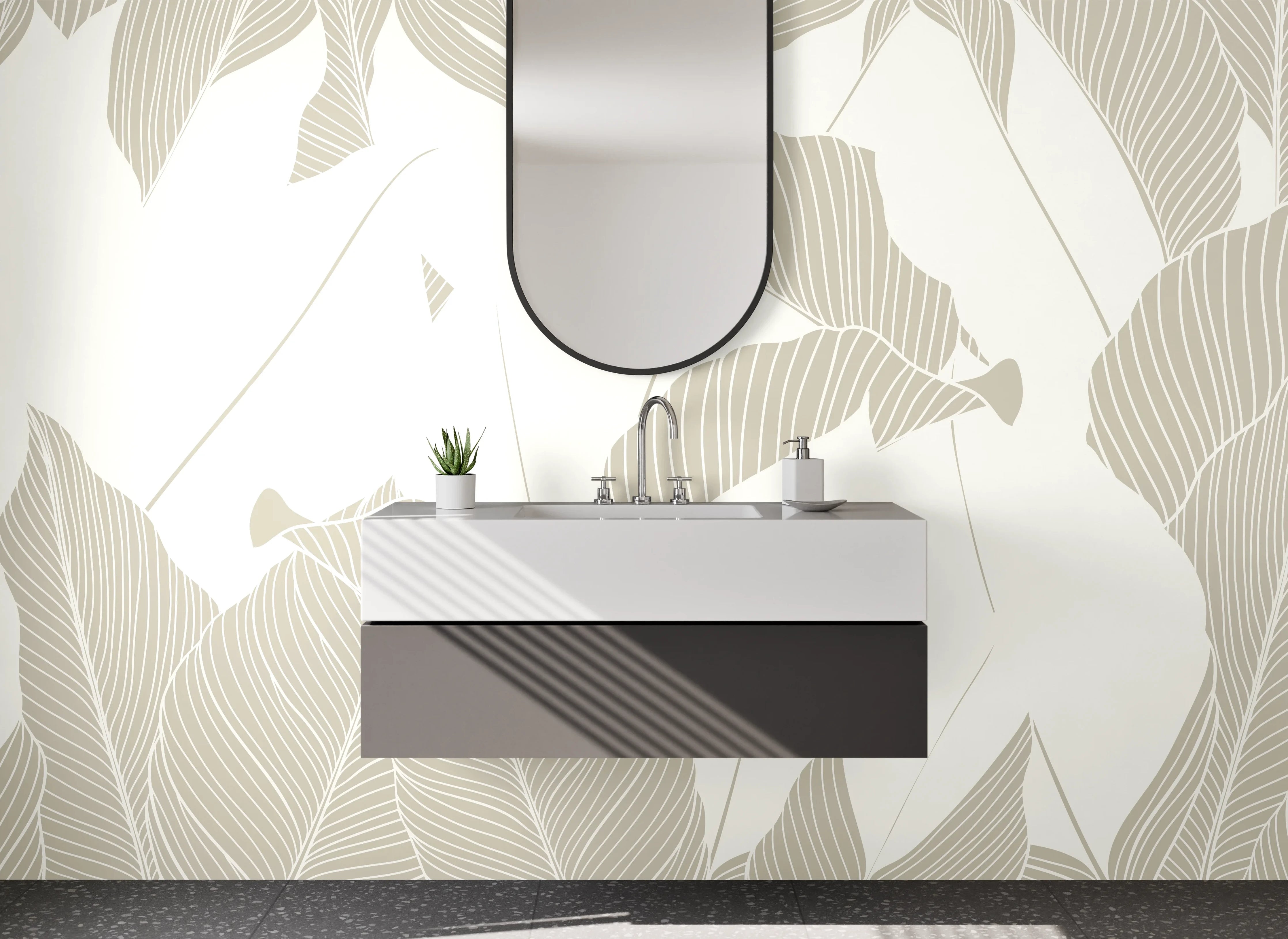 Waschbecken-Rückwand - Beige Lineart Blätter Naturmuster