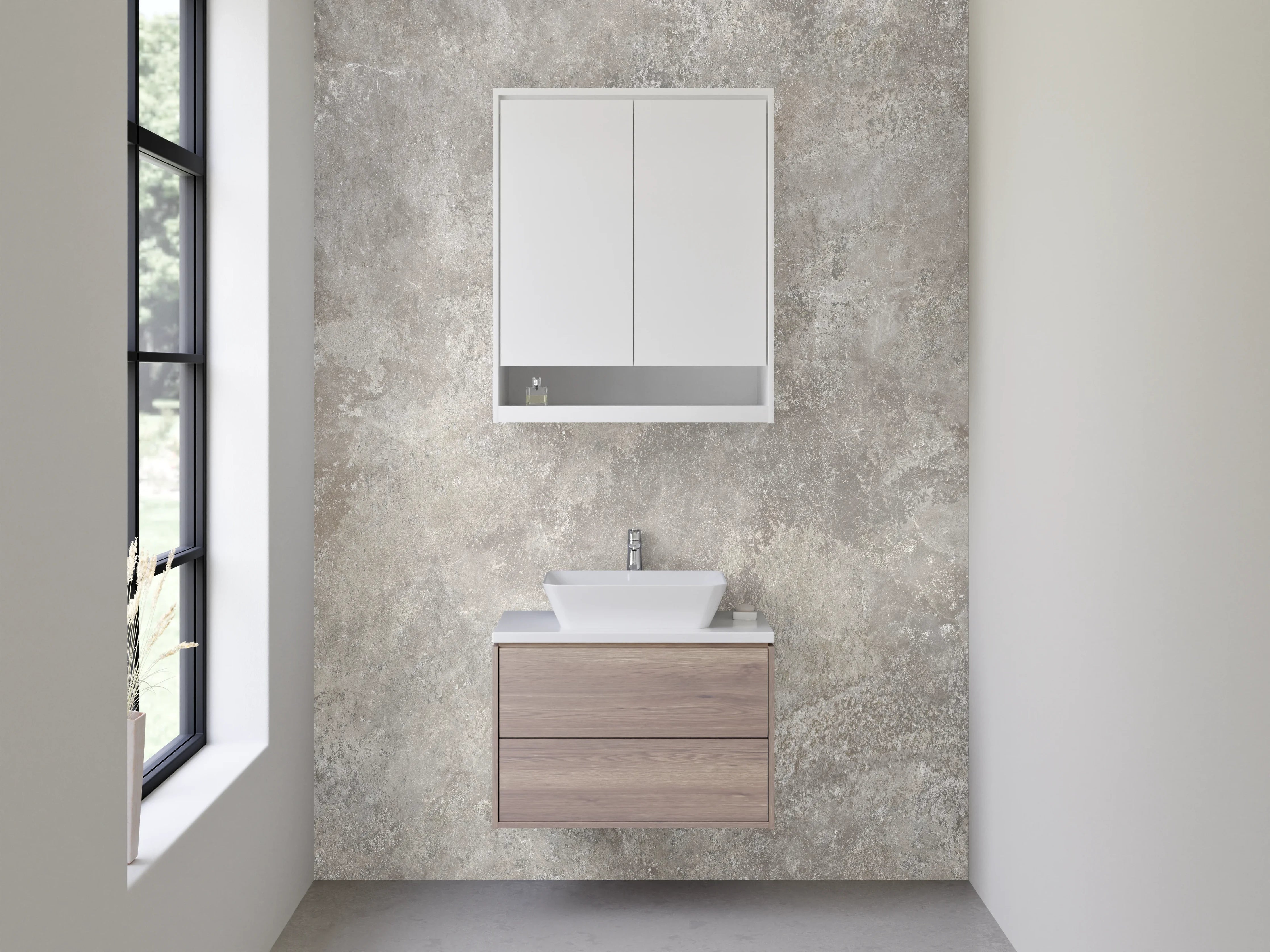 Waschbecken-Rückwand - Beige Steinwand mit texturierter Oberfläche