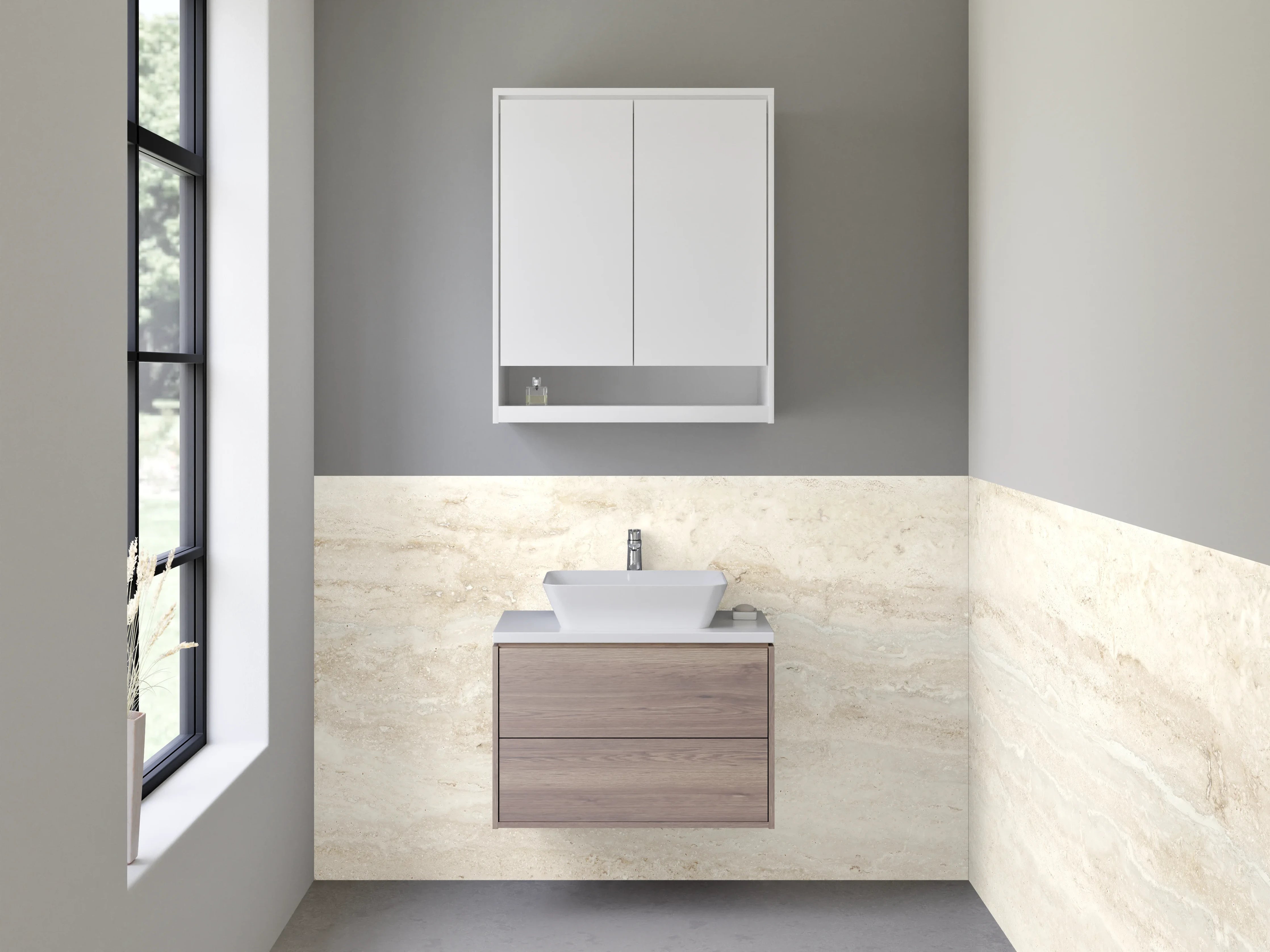 Waschbecken-Rückwand - Beige-Weiße Travertin Marmoroptik