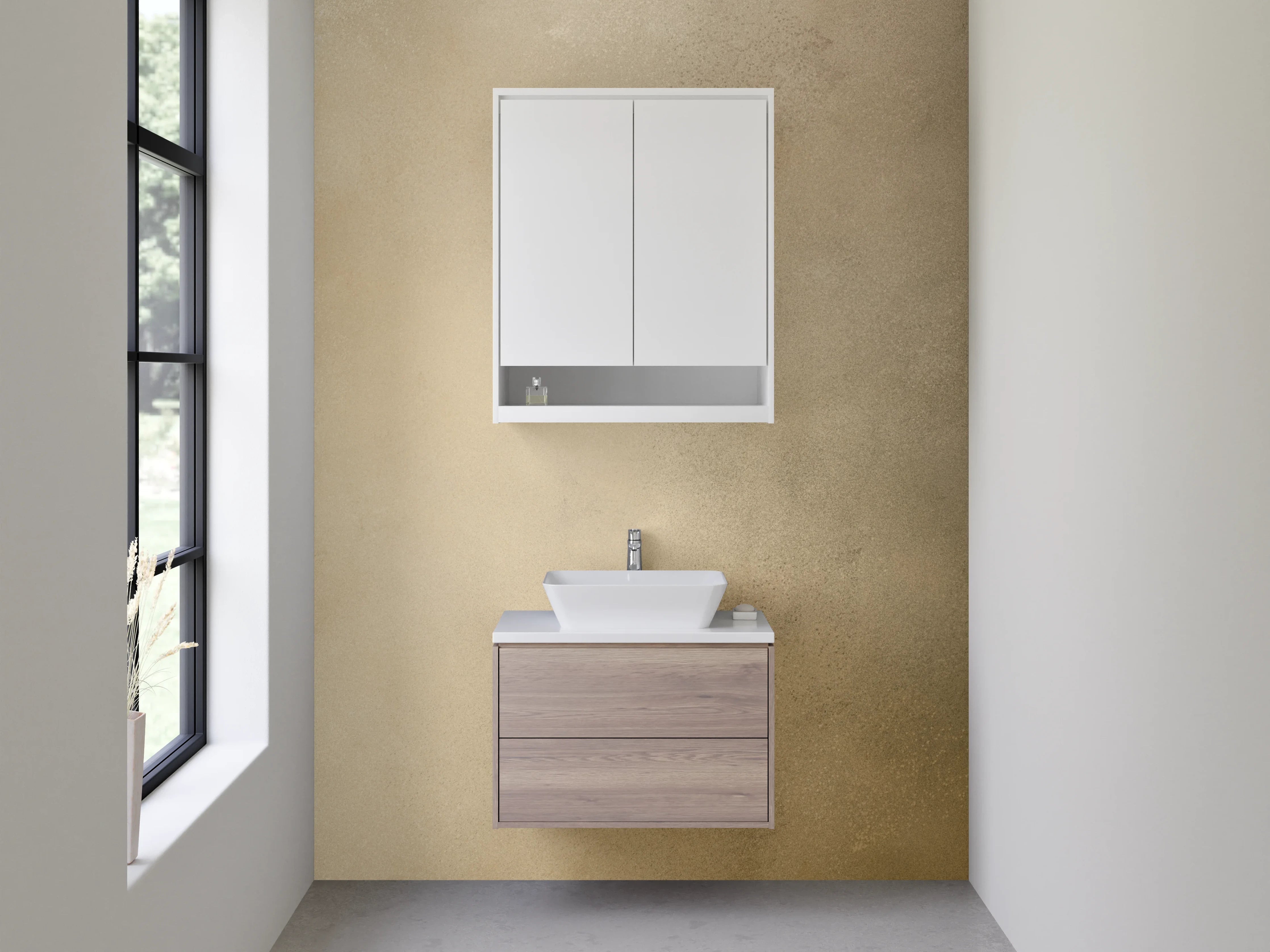Waschbecken-Rückwand - Beige-graue Farbtextur mit dunklen Akzenten
