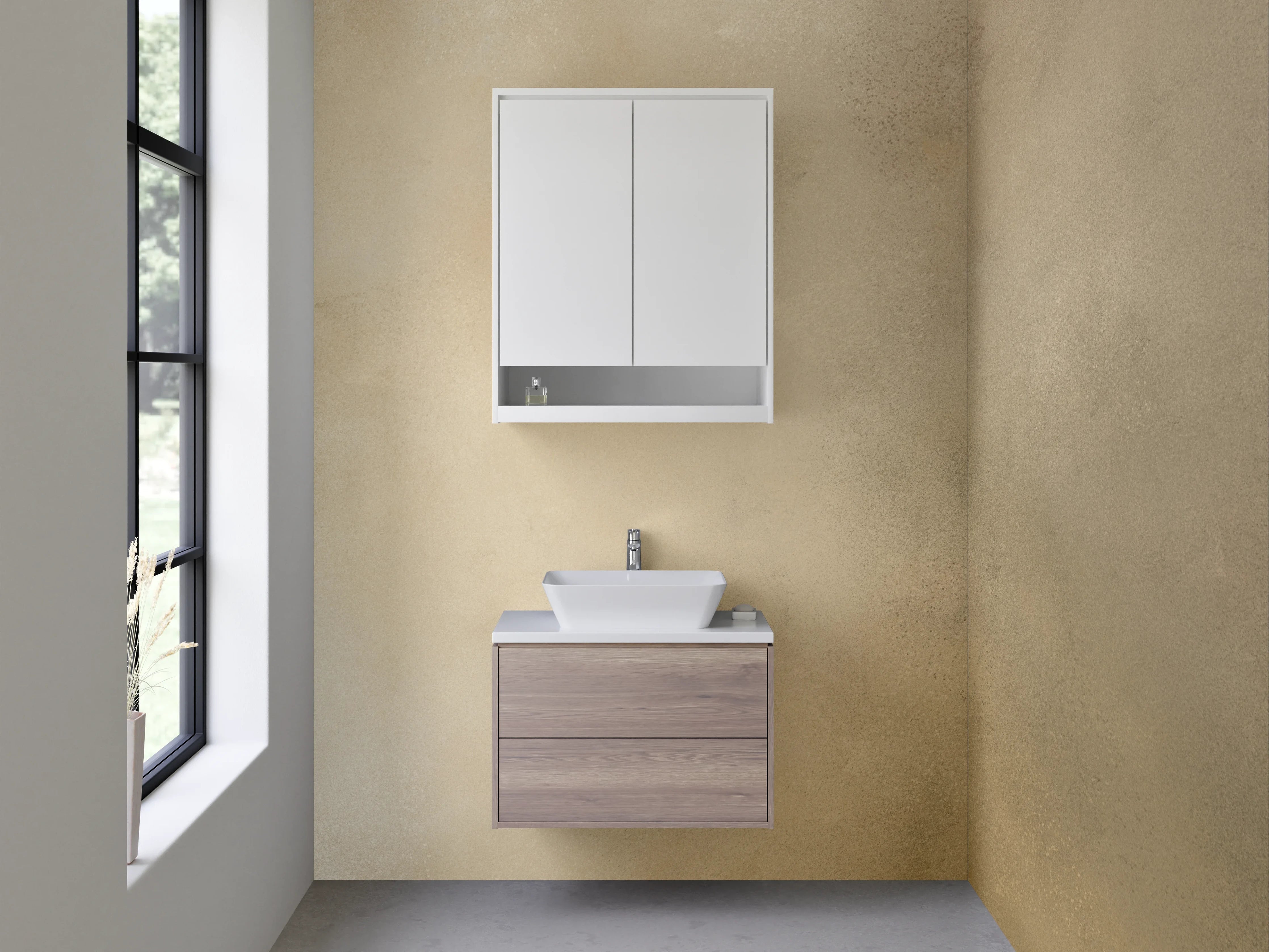 Waschbecken-Rückwand - Beige-graue Farbtextur mit dunklen Akzenten