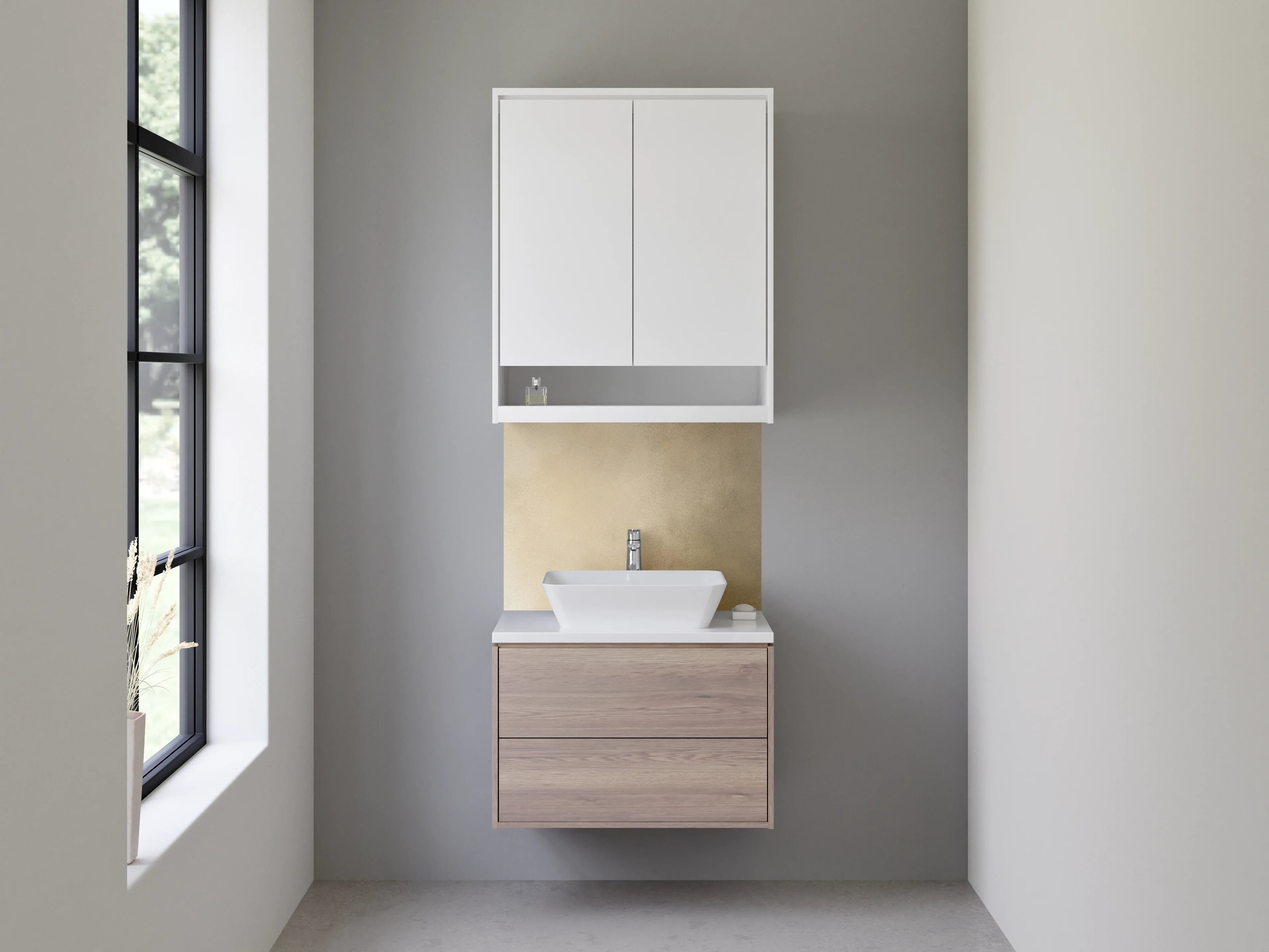 Waschbecken-Rückwand - Beige-graue Farbtextur mit dunklen Akzenten