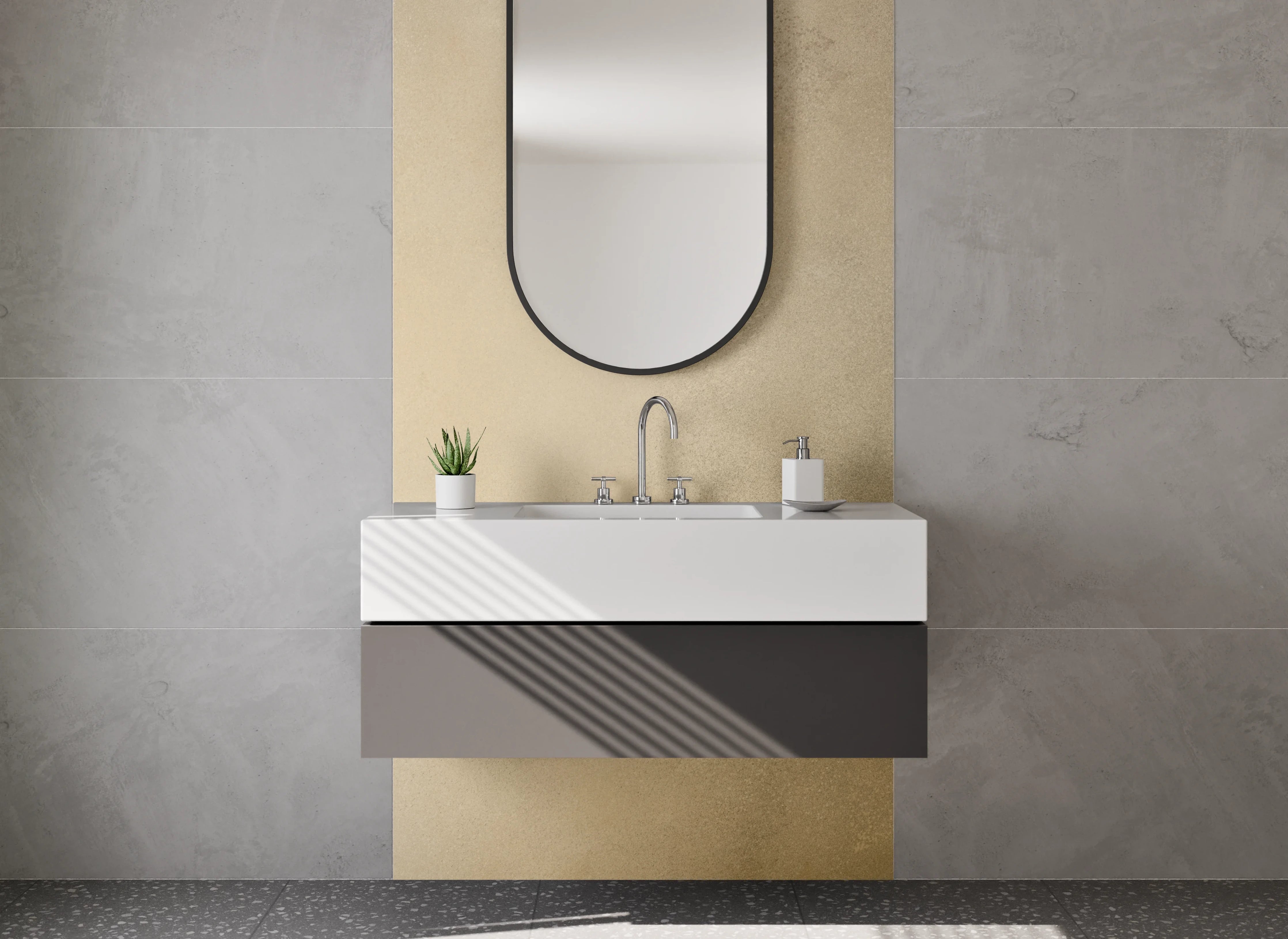 Waschbecken-Rückwand - Beige-graue Farbtextur mit dunklen Akzenten