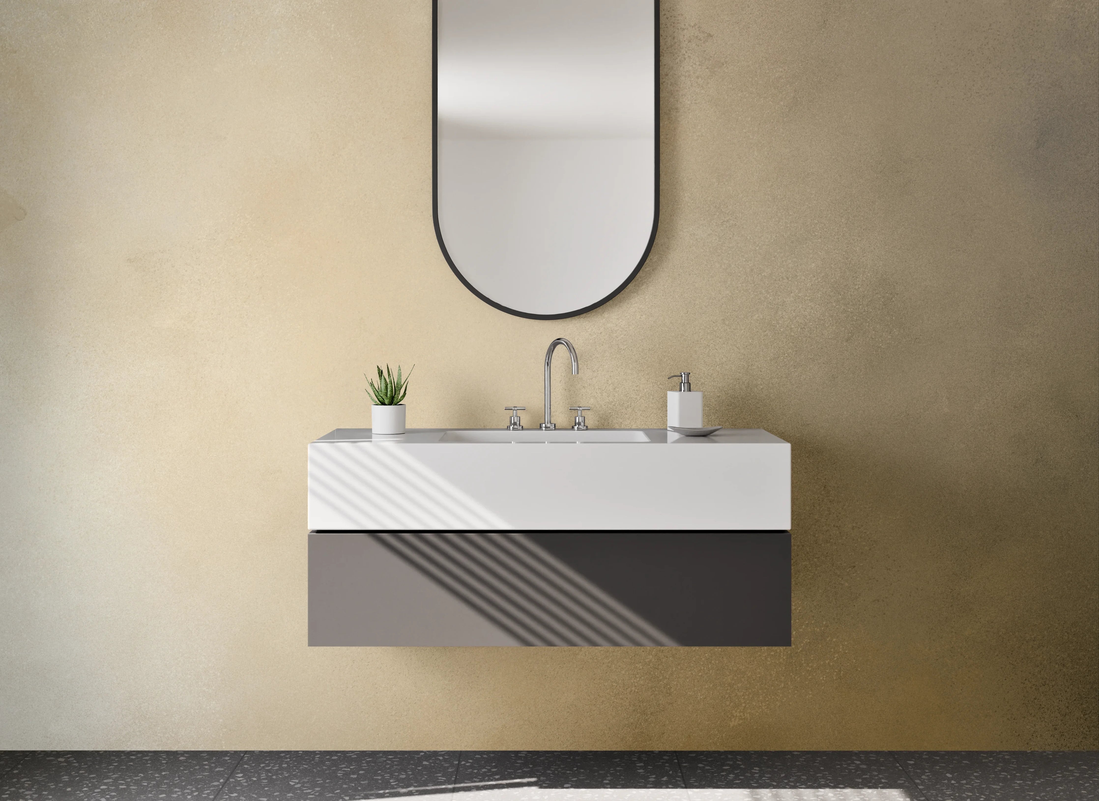 Waschbecken-Rückwand - Beige-graue Farbtextur mit dunklen Akzenten