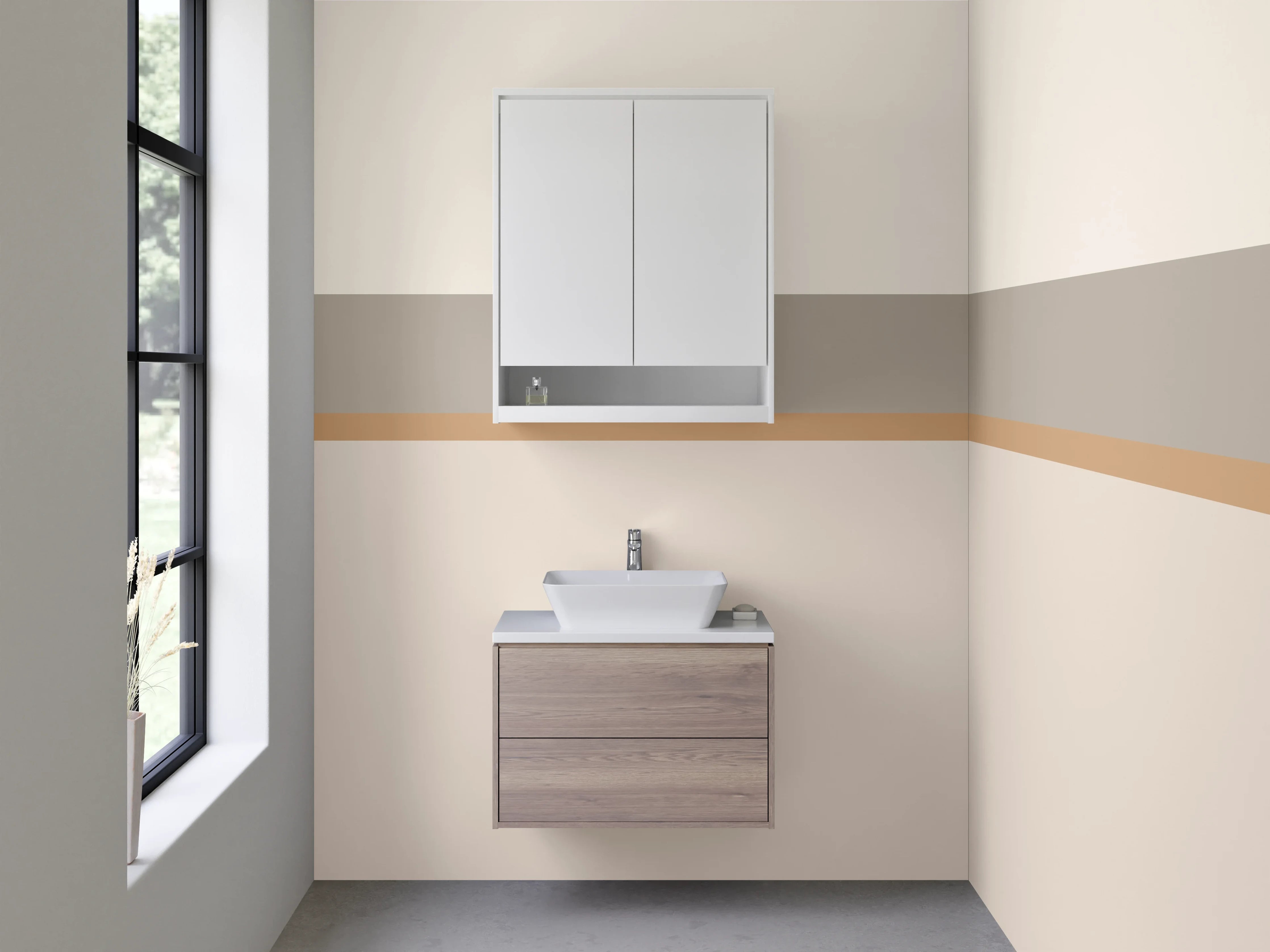 Waschbecken-Rückwand - Beige und Braun Farbpalette mit feinen Linien