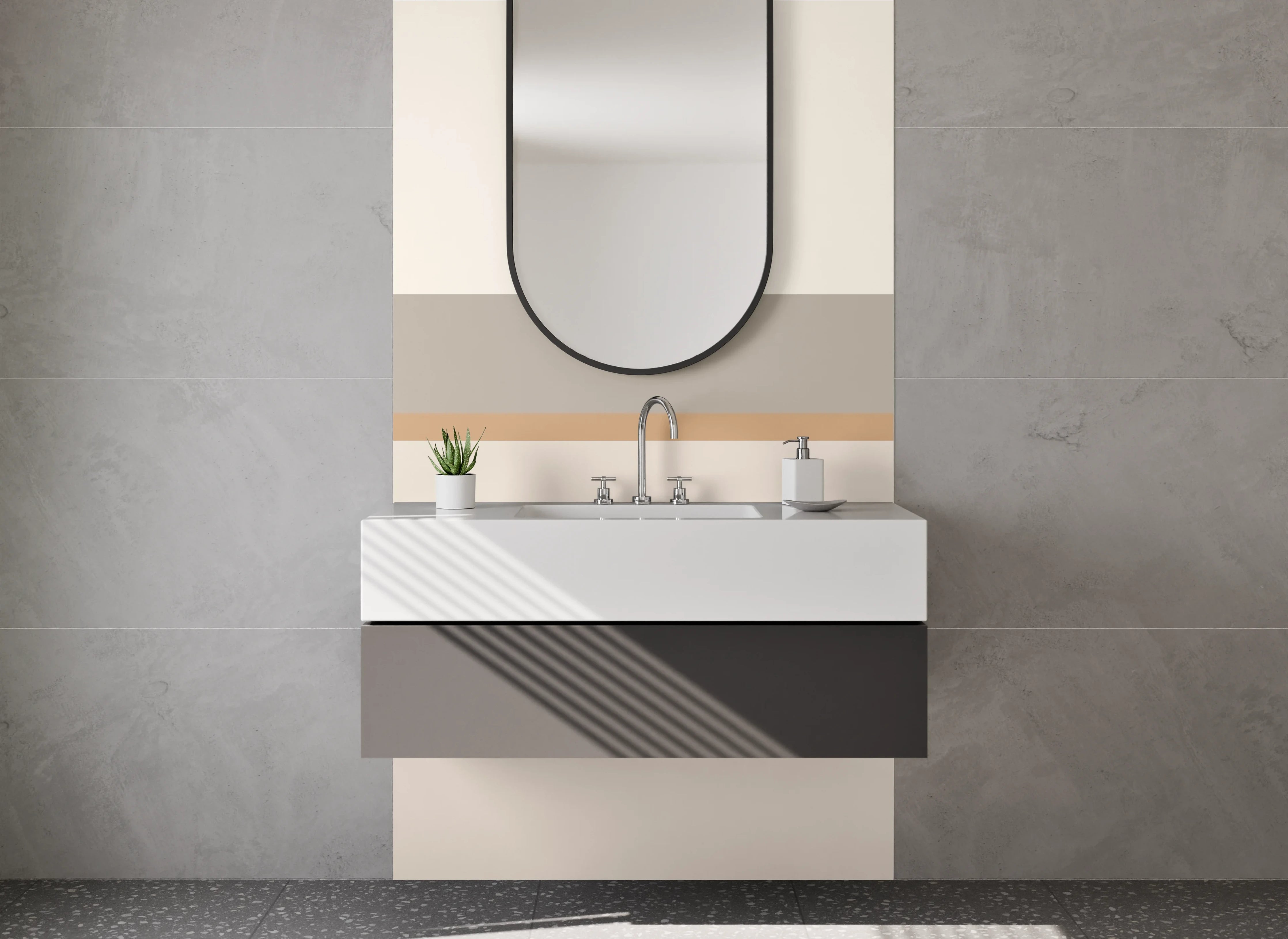 Waschbecken-Rückwand - Beige und Braun Farbpalette mit feinen Linien
