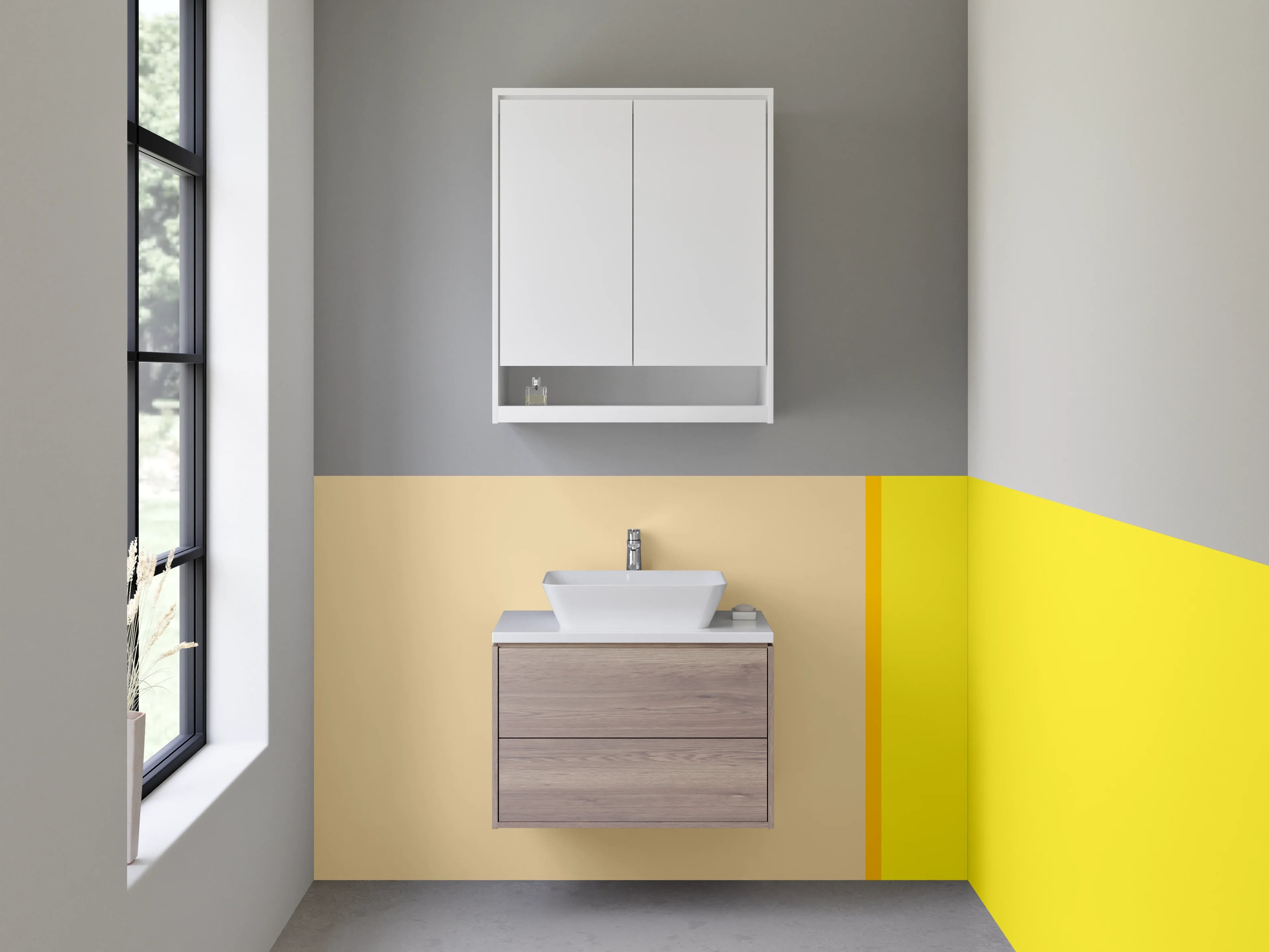 Waschbecken-Rückwand - Beige und Gelbe Farbblock-Motiv