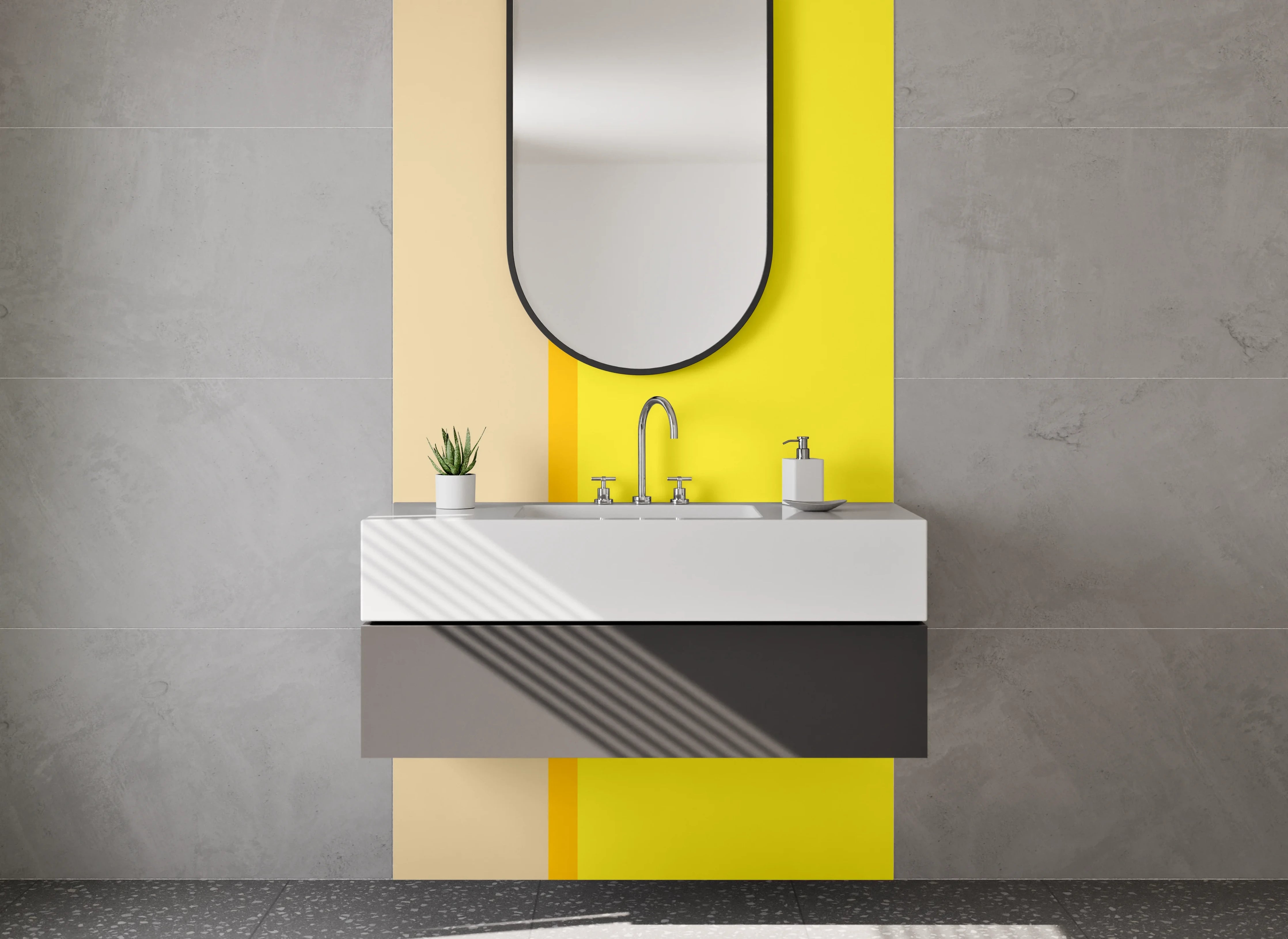 Waschbecken-Rückwand - Beige und Gelbe Farbblock-Motiv