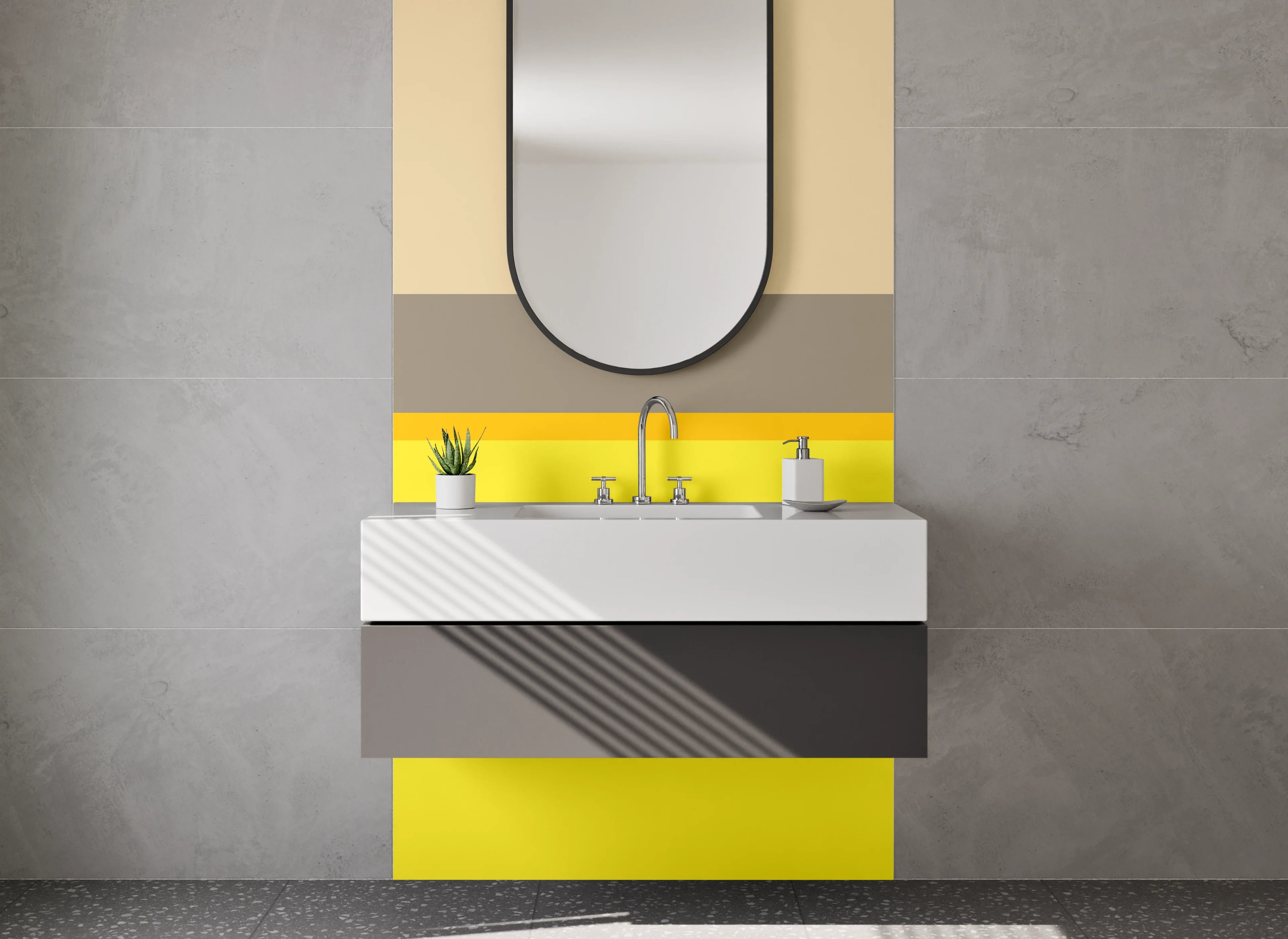 Waschbecken-Rückwand - Beige und Gelbe Farbkombination mit Grautönen